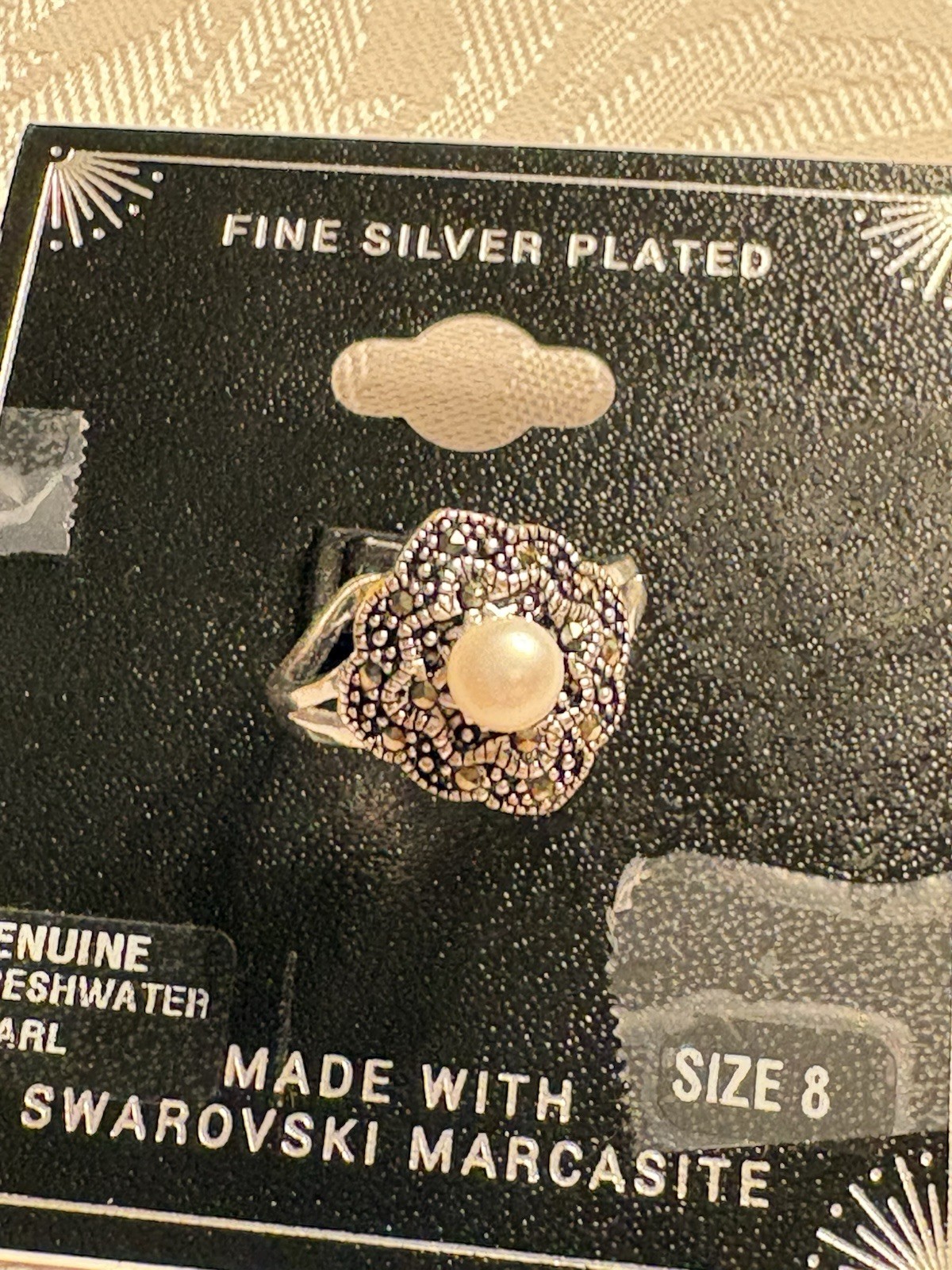 Statement sterling silver ring, marcasite, freshwater pearl, white, size 8 NWT