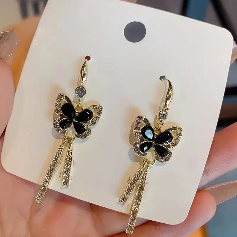 1 Pair Elegant Rhinestone Butterfly Design Dangle Earrings 1 1/2″