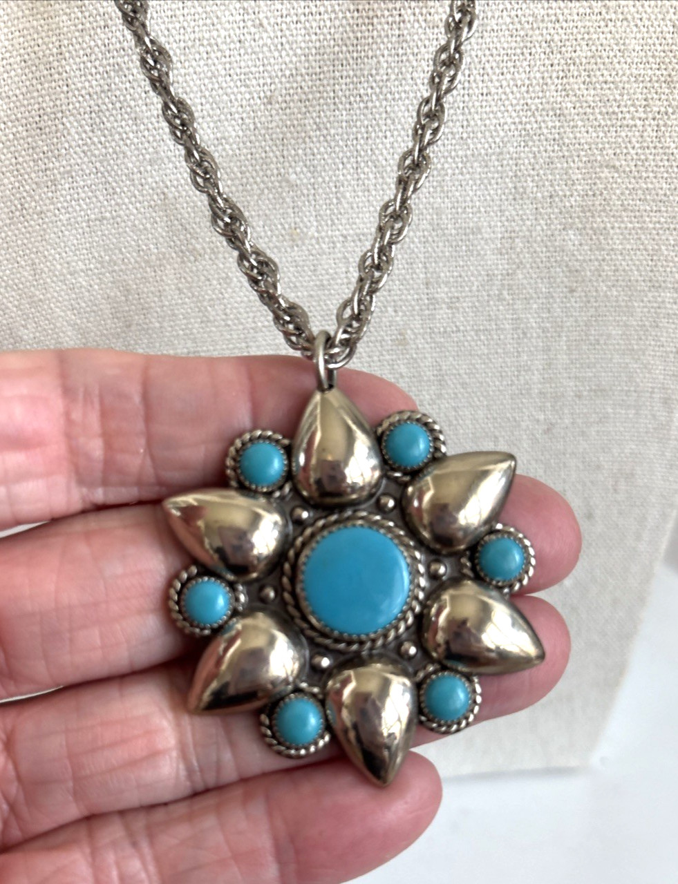 VTG Bell Trading Post Nickle Silver Faux Turquoise Pendant Signed Starburst