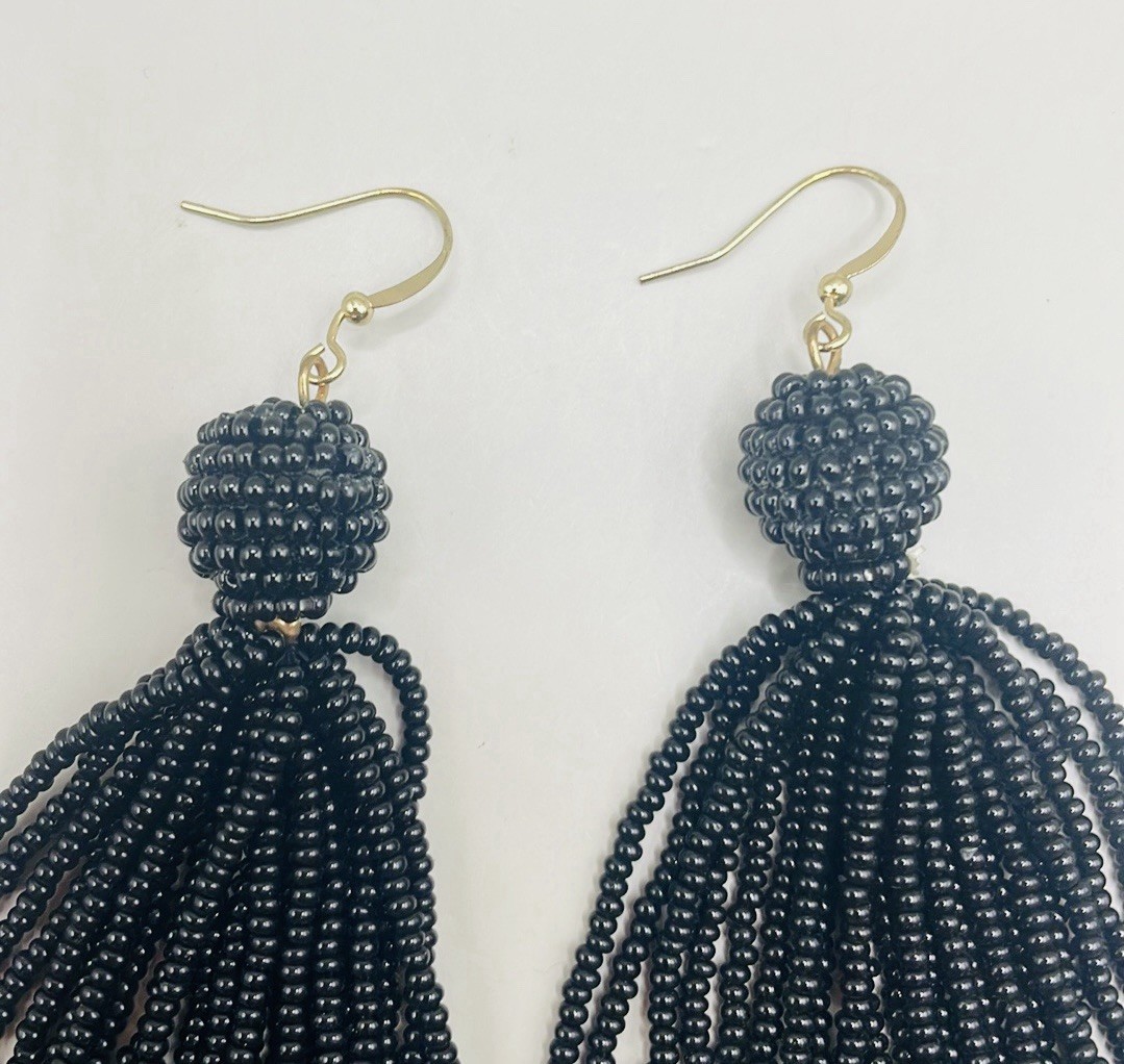 Vintage Black Seed Beaded Tassel Dangle Drop Statement Earrings