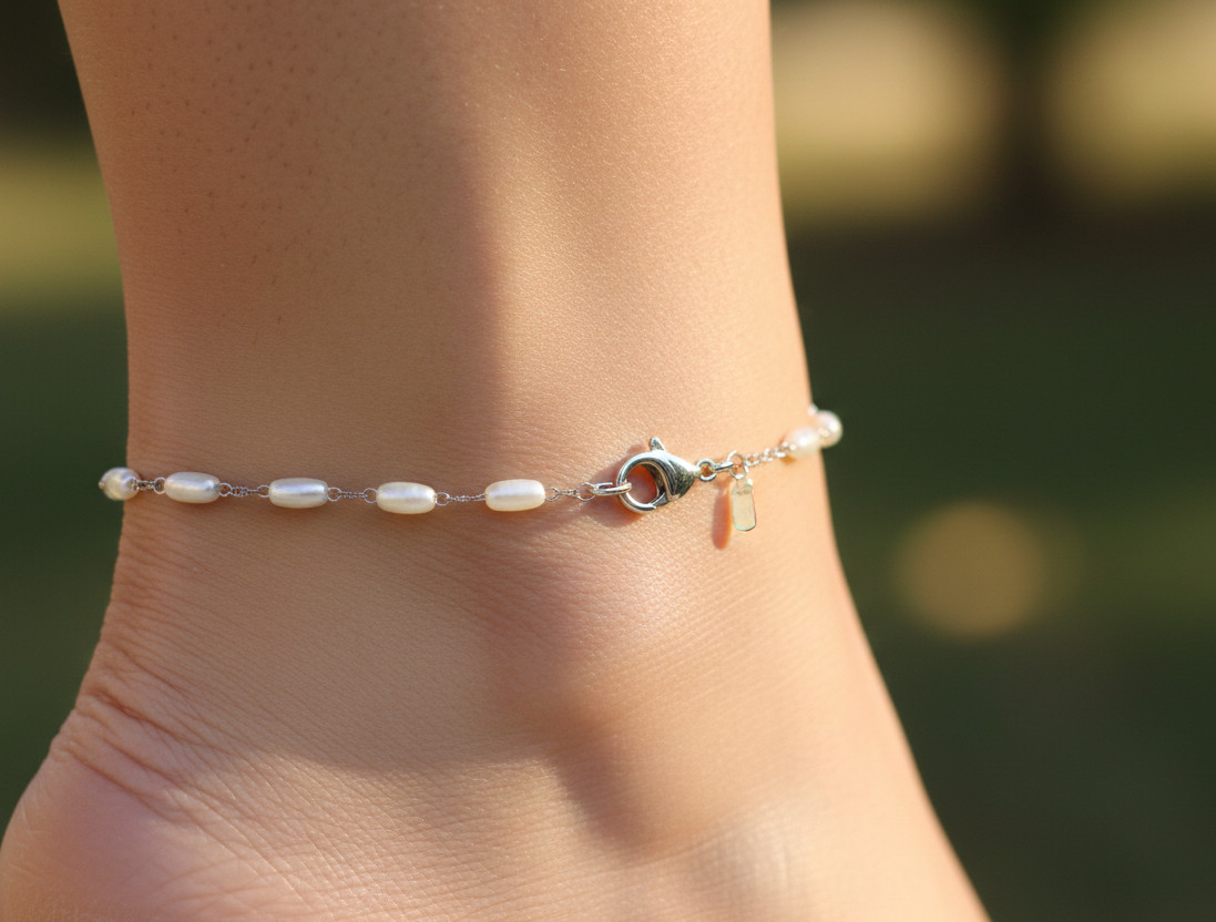 Handmade Minimalist Silver Tone Chain Anklet with Rice Pearl Charm Detailing