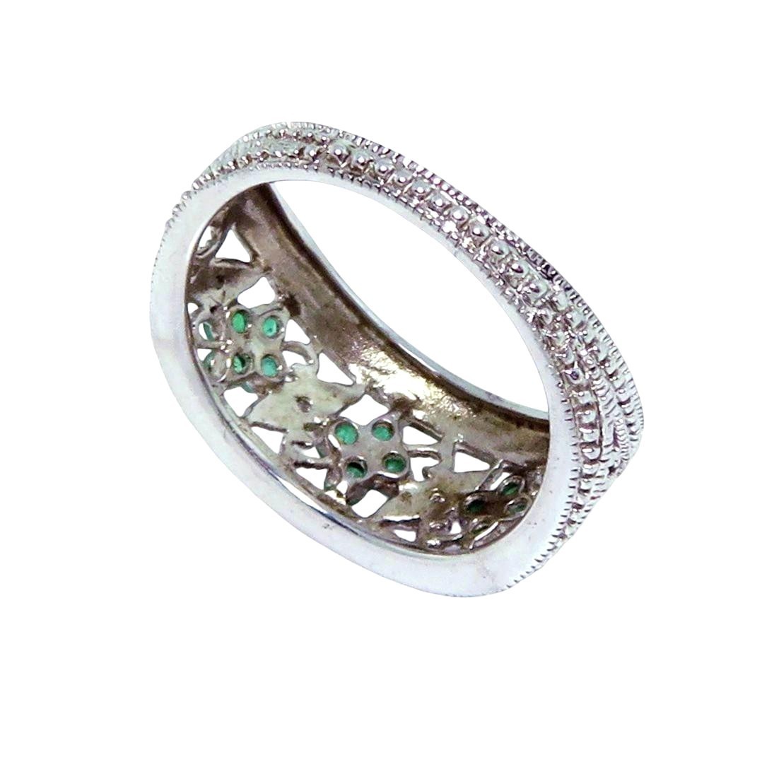 Vintage Sterling Silver Colombian Emerald & Diamond Filigree Ring w/Flowers