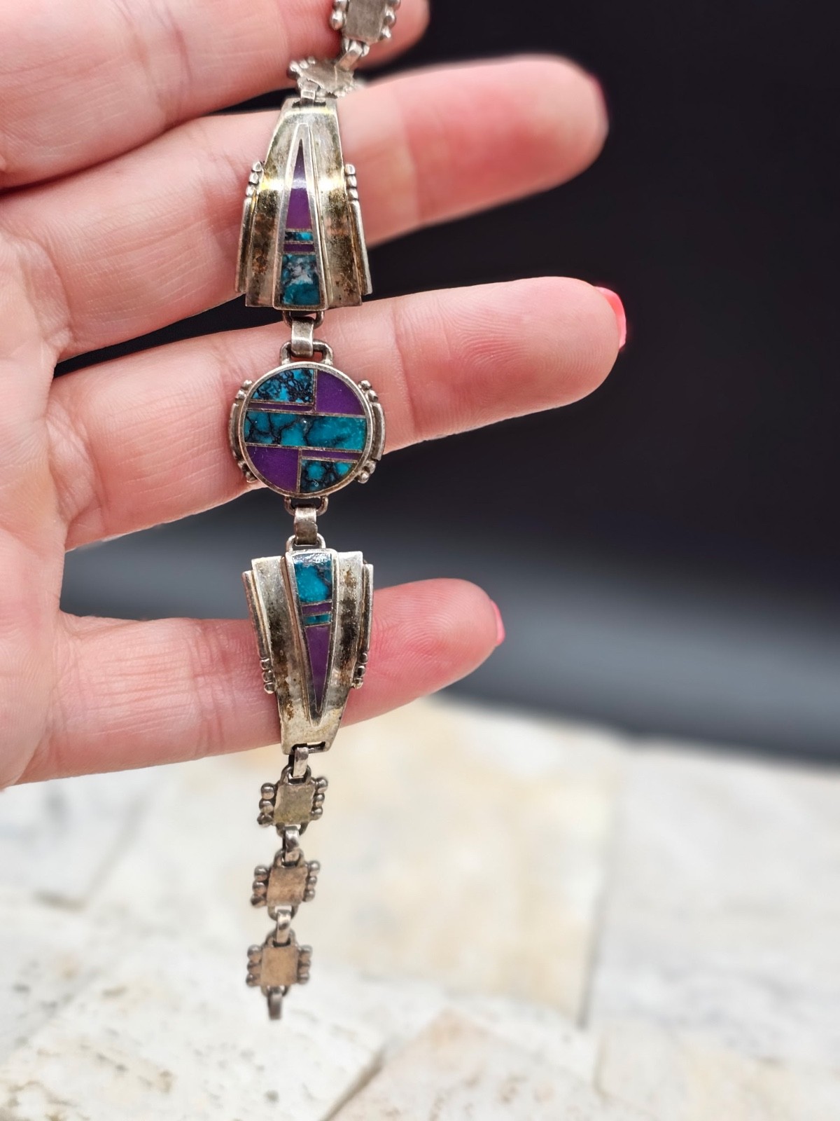 Vintage Navajo Ray Tracey Sterling Sugilite & Turquoise Geometric Link Bracelet