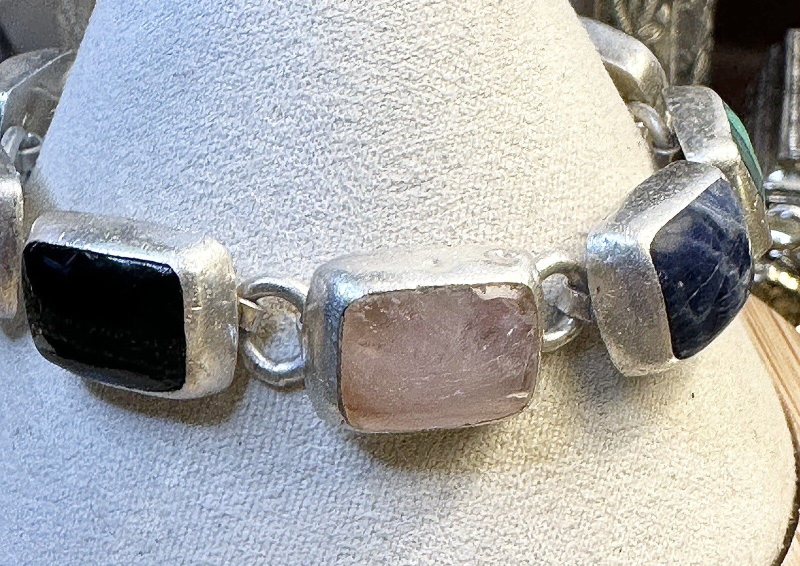 Vintage Mexico Rose Quartz Onyx Malachite Lapis + 925 Silver Bracelet 7 In