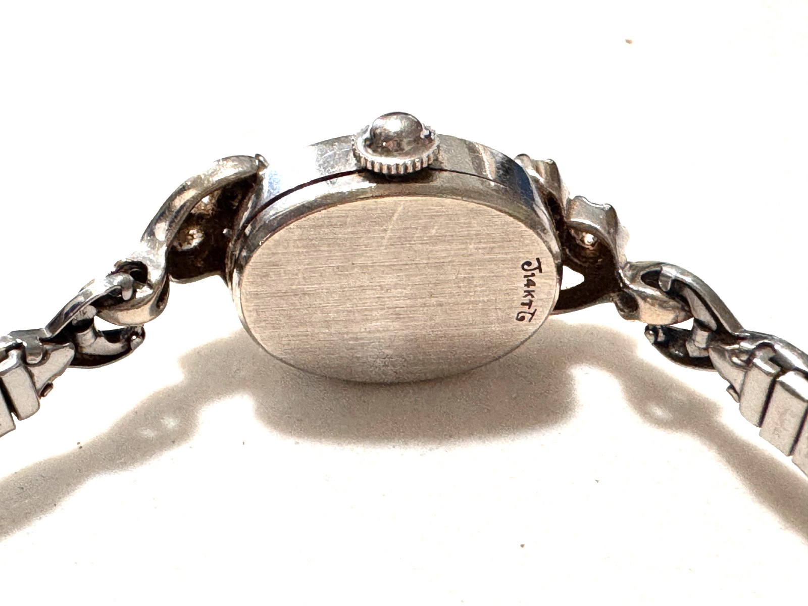 Vintage Bulova 14K White Gold Ladies Watch – Six Diamond Bezel, Speidel Band