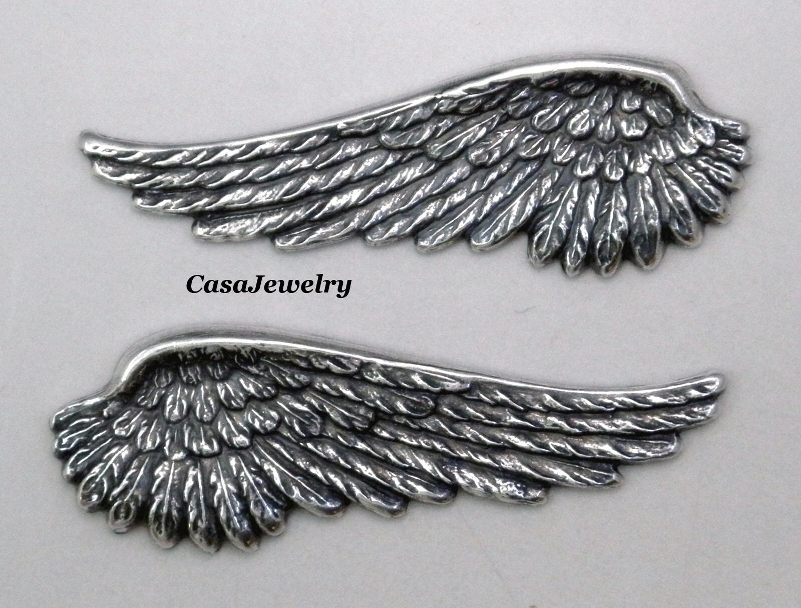 #4148 ANTIQUED STERLING SILVER PLATED LEFT+RIGHT ANGEL WINGS – 2 Pc Lot (1 Pair)