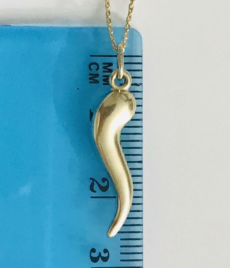 10K Real Gold Italian Cornicello 27mm 1.06″ Horn Pendant, Chili Necklace- C3040