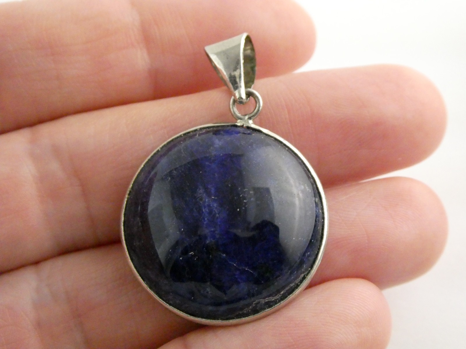 Silver Plated Bezel Setting Round Dyed Darker Blue Sodalite Cabochon Pendant