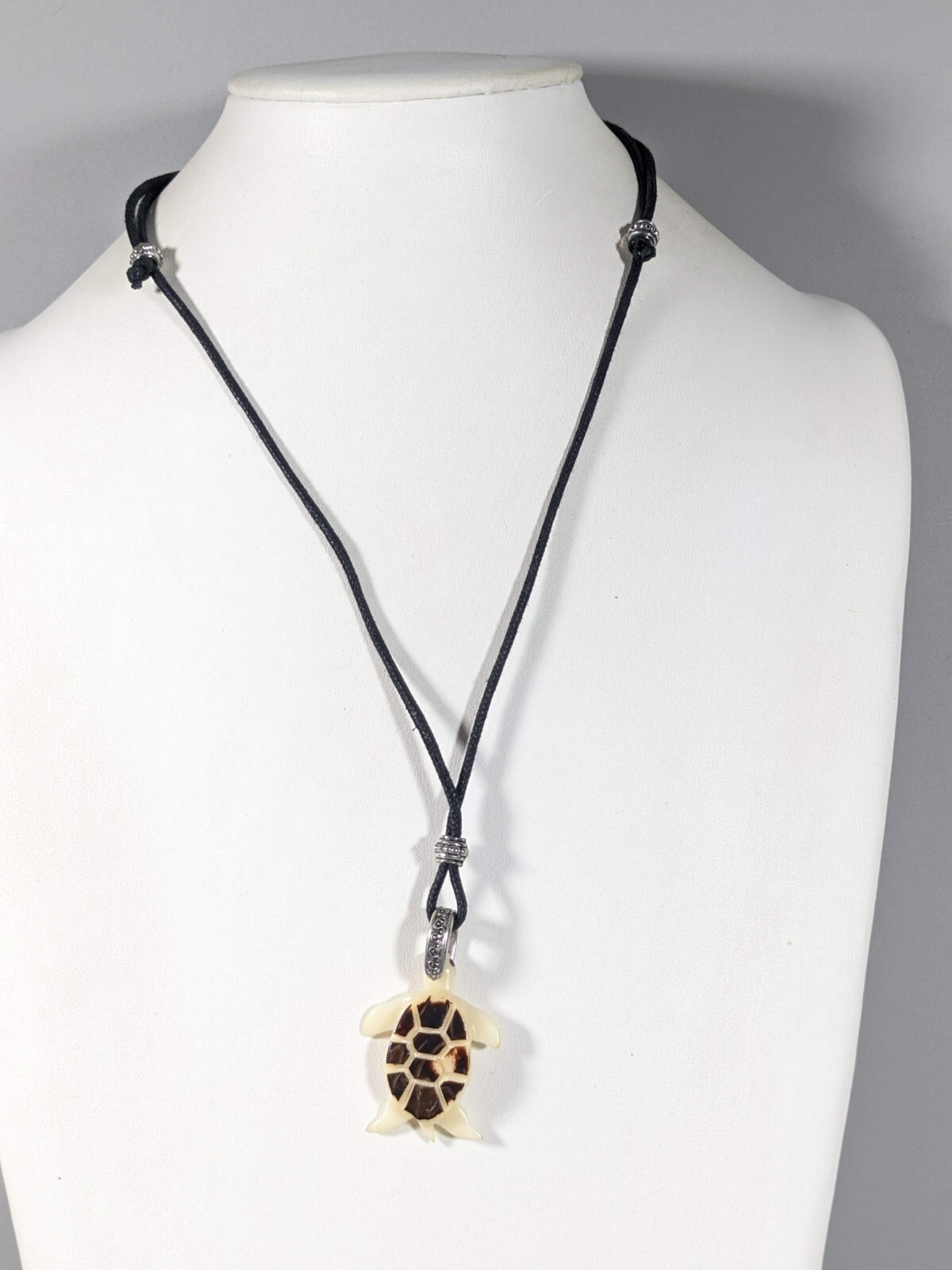 Ivory Color Brown Carved Style Acrylic Sea Turtle Adjustable Cord Necklace 32 in