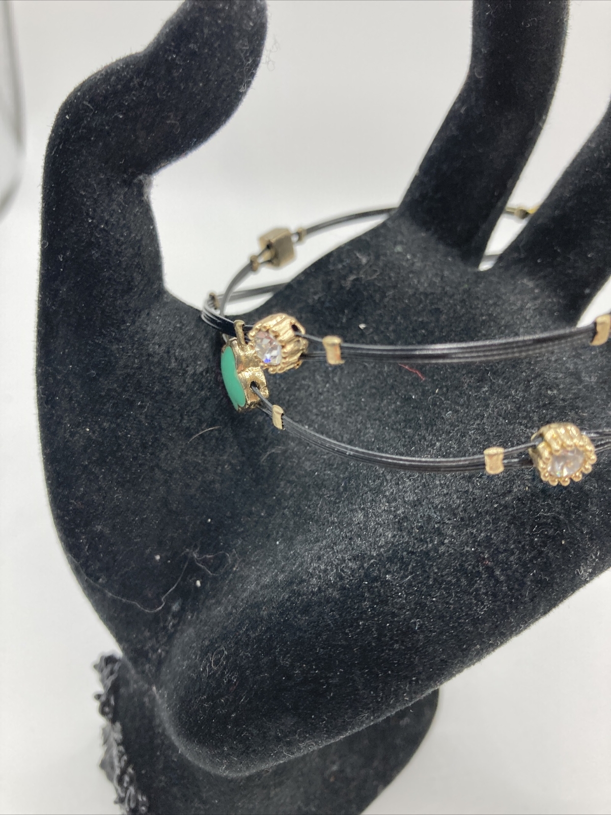 Green Enamel Clover Black Coated Wire Gold TOne Clear Crystal Bangle Bracelet