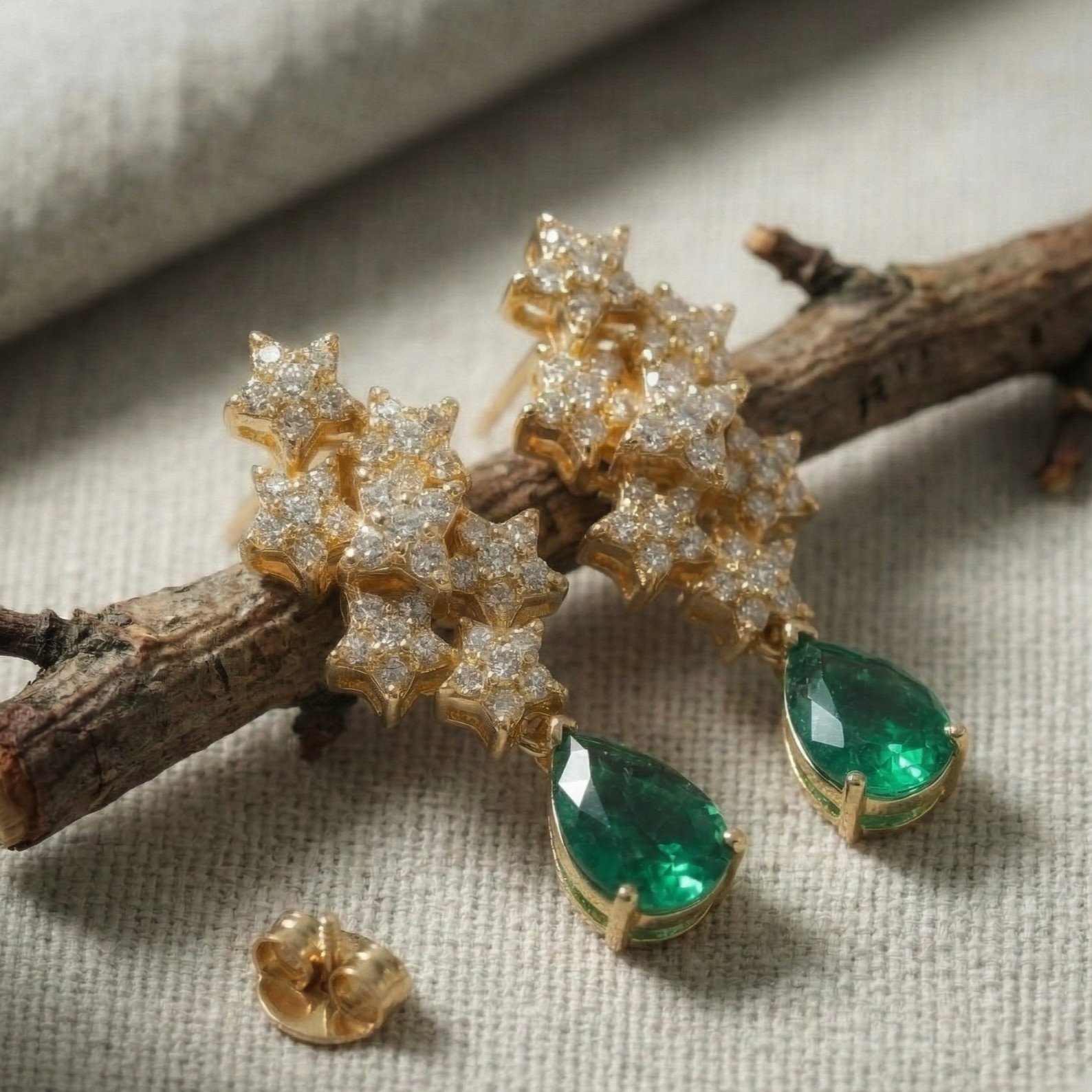 925 Silver Pear Cut Emerald & CZ Stone Drop Earring, Cluster Dangle Earrings