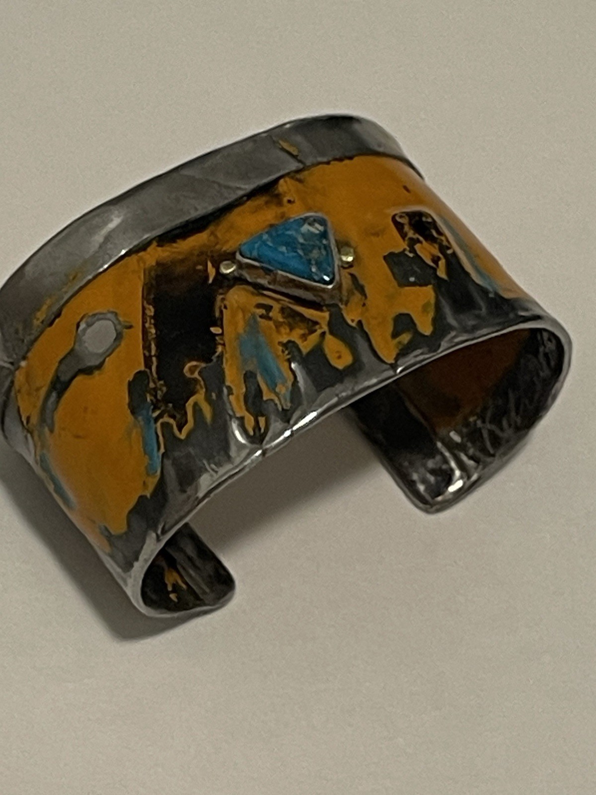 Kit Carson Handmade Metal Turquoise Cuff Bracelet hand painted Mustard Yellow