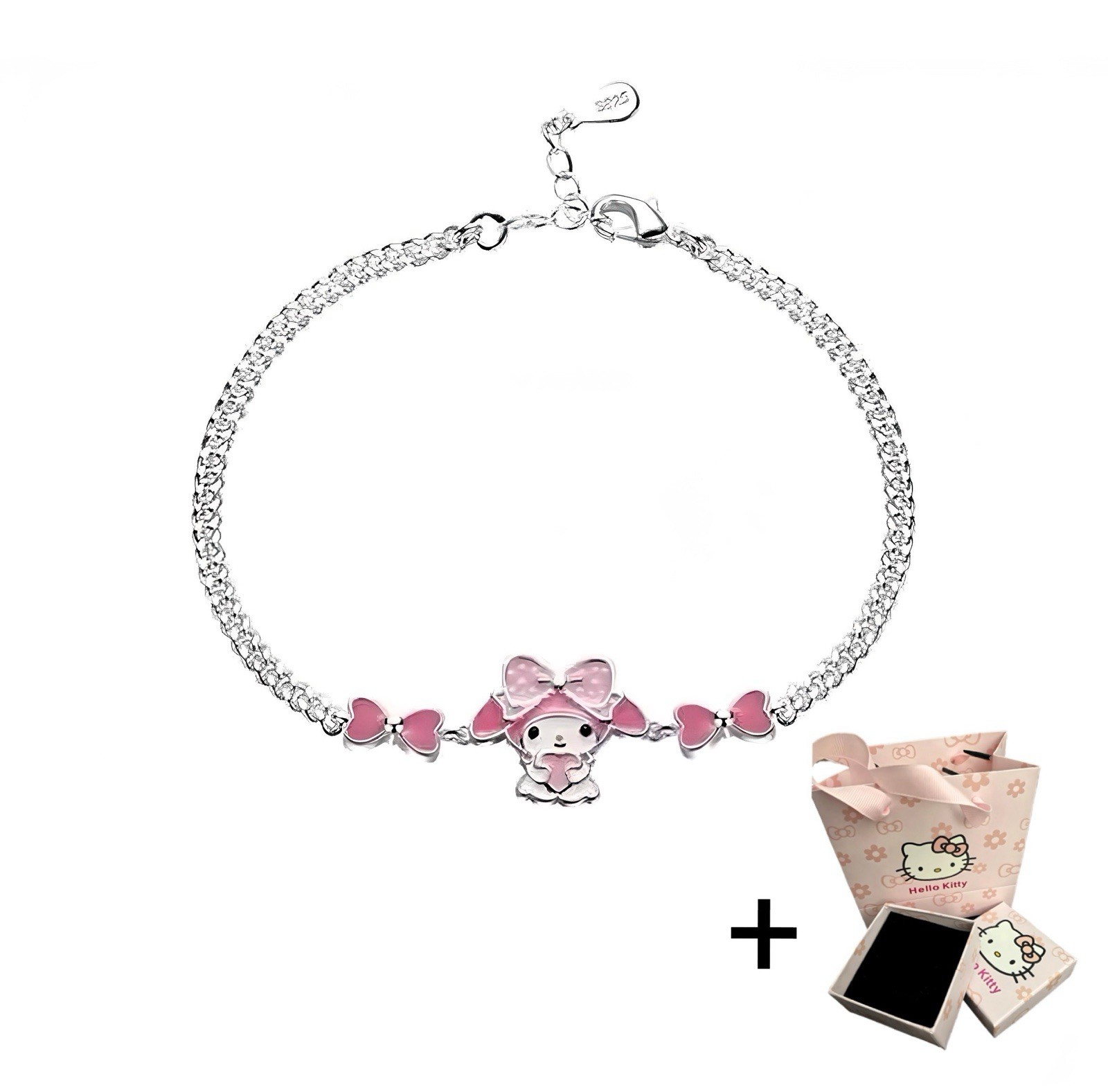 My Melody 925 Sterling Silver Bracelet with Hello Kitty Themed Gift Bag Set