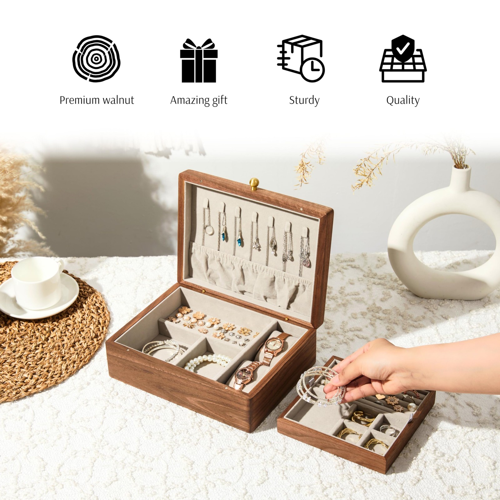 EURIELK Wooden Jewelry Box, Two Layer Medium Size Real Natural Solid Walnut Wood