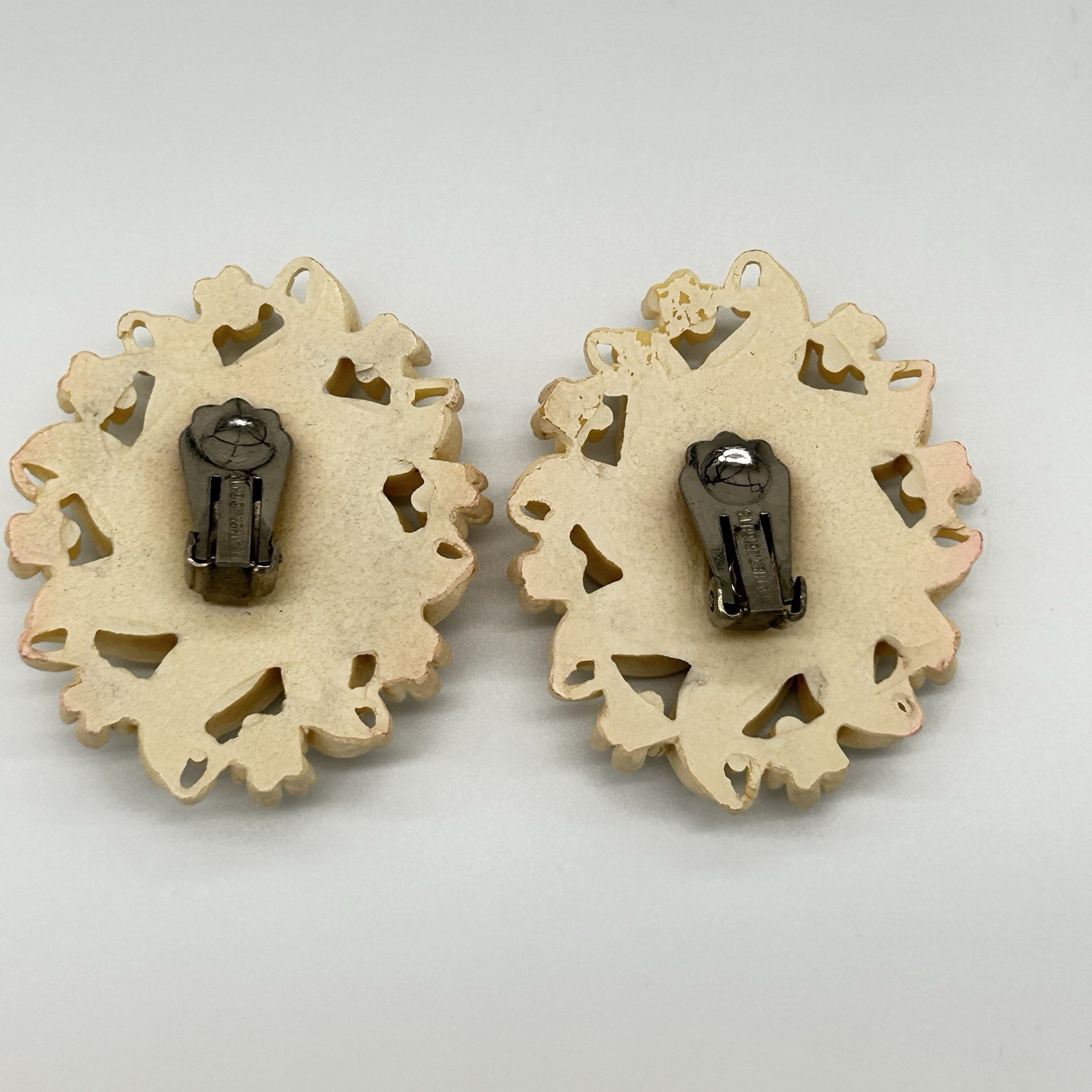 Vintage Featherlight Clip Earrings White Cream Rhinestone Floral Costume