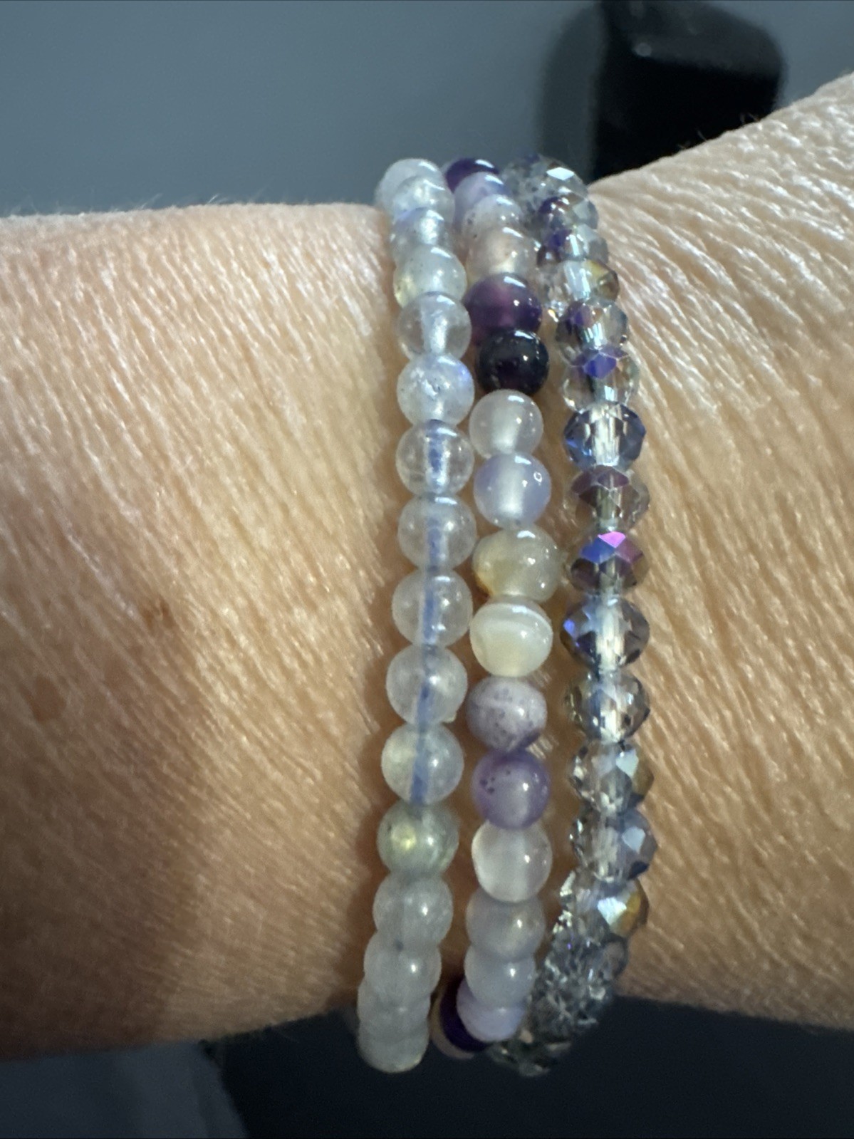 Beaded Gemstone Stretch Bracelets, Set Of 6- Purple And Blue Tone. Approx 2-3mm