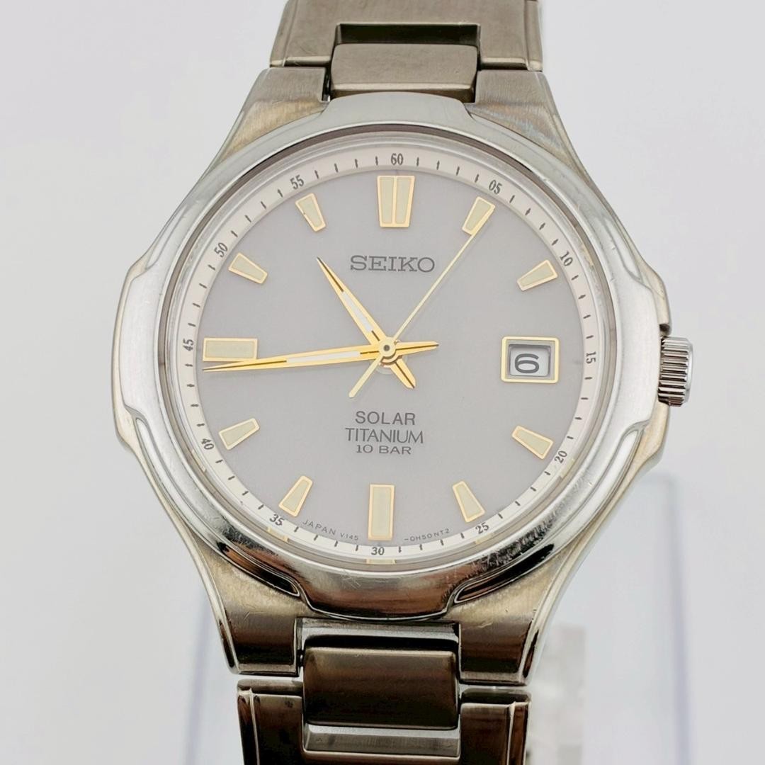 SEIKO Men’s Watch, Date Display, Original Strap, Solar Powered, Titanium