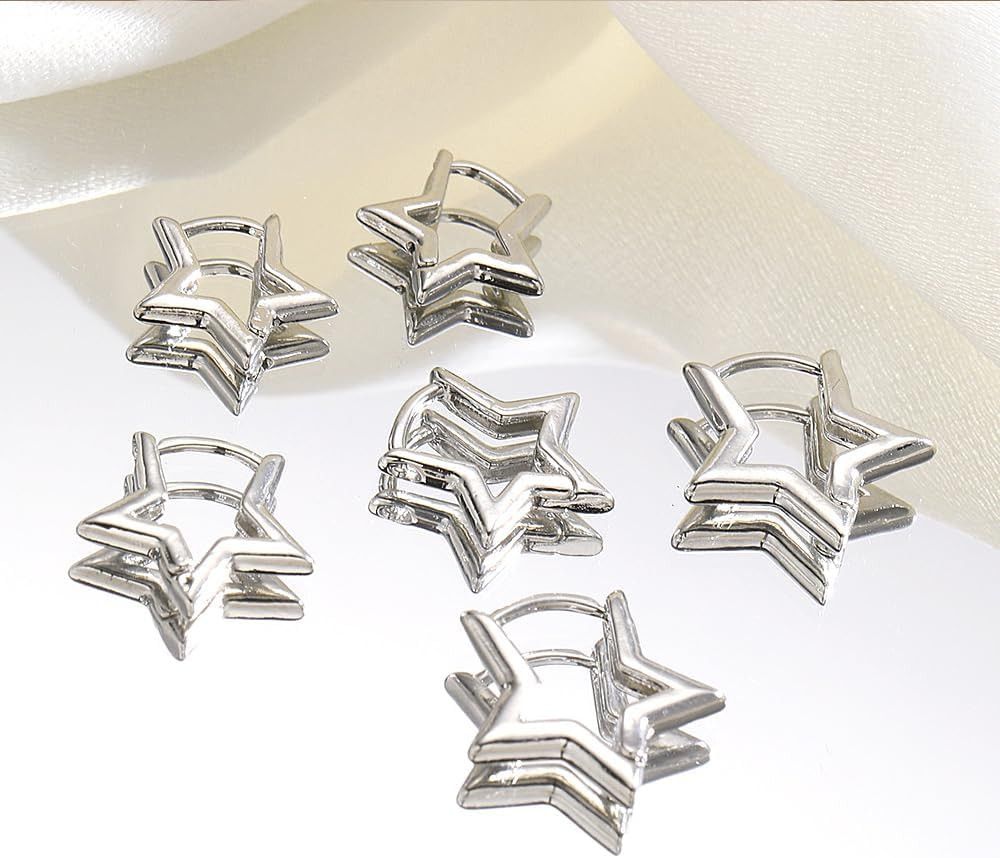 3 Pairs Silver Star Hoop Earrings Set for Women Small Y2K Huggie Earrings Trendy
