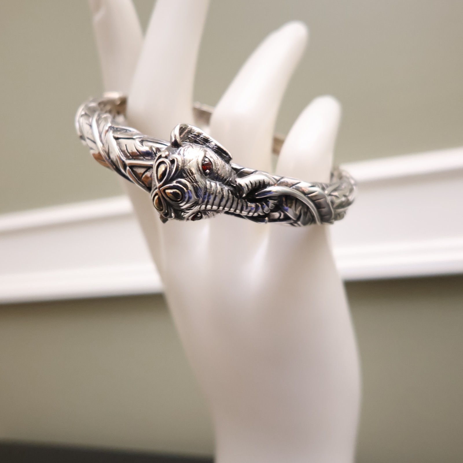 Jai bracelet elephant 925 sterling silver 14K gold hinged cuff garnets Sz 6.75in