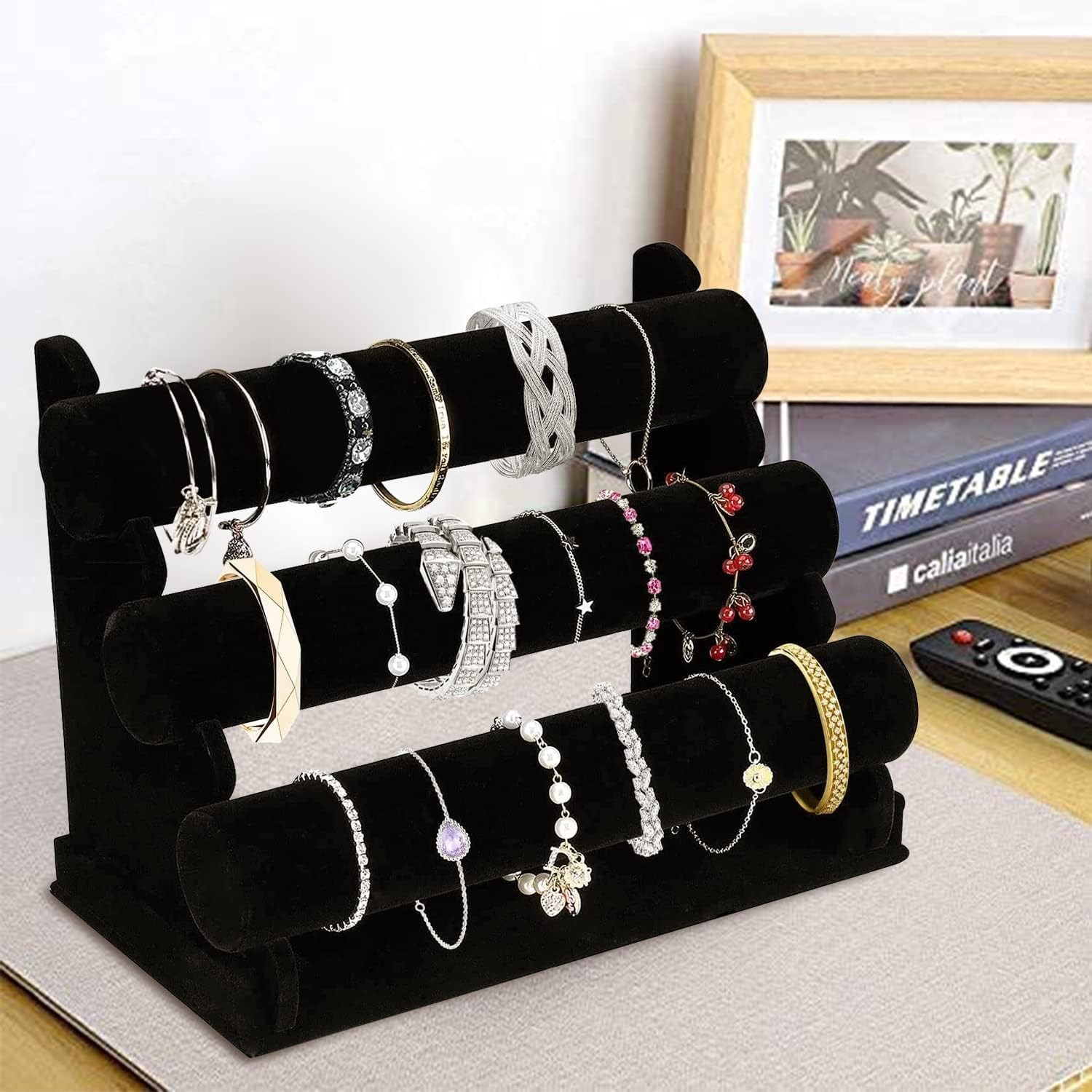 Velvet Bracelet Holder 3 Tier Jewelry Display Stand Black T Bar Organizer