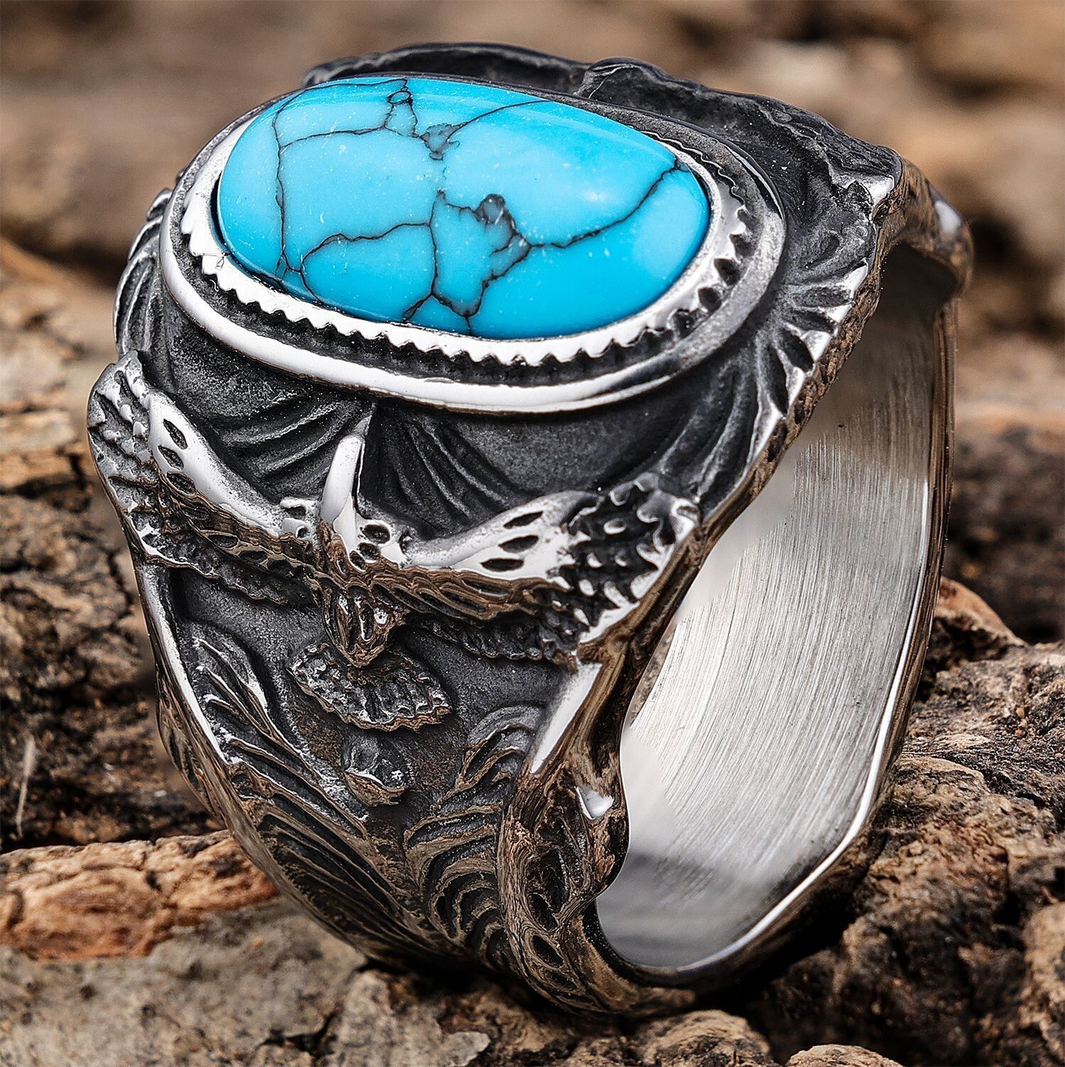 Mens Large Biker Eagle Turquoise Stone Ring Men Stainless Steel Size 7-15