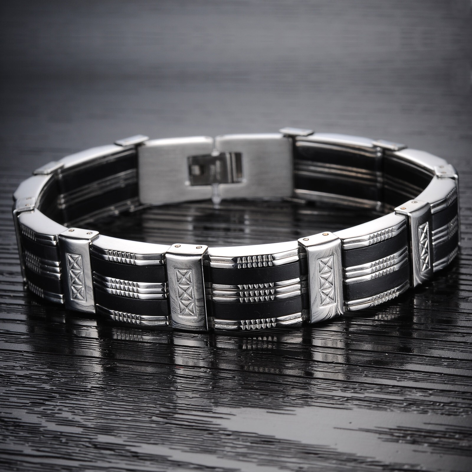 Mens silicone Bracelet Bangle Stainless Steel Fashion Jewelry 13mm 8.26inch