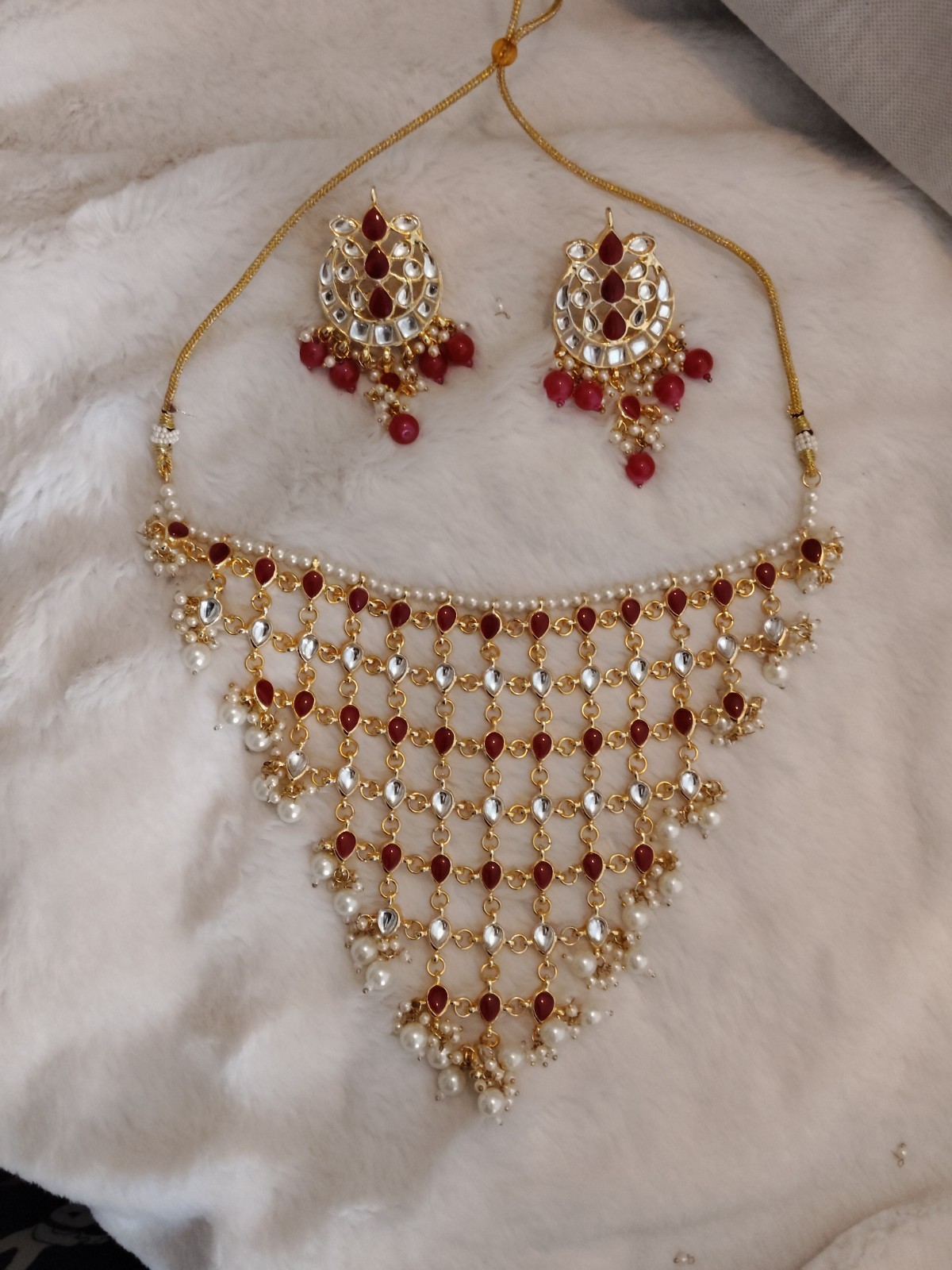Arfa Pakistani Bridal Layered Ruby Kundan Pearl Choker Necklace Set Roz Jeweller