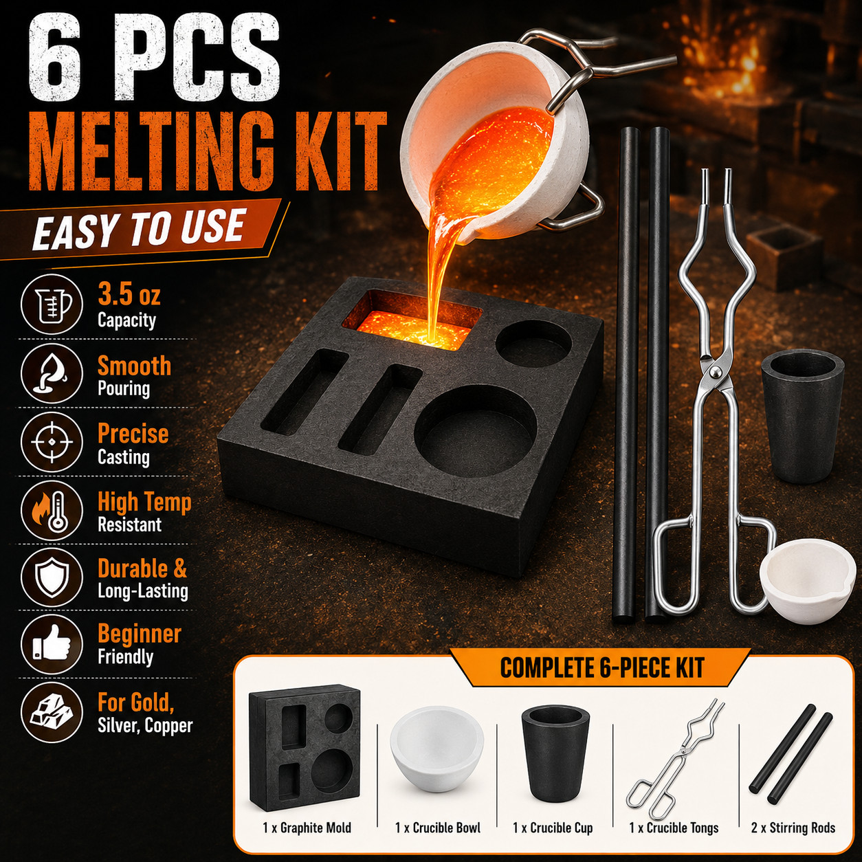 Graphite Casting Refining Kit 6PCS Mold Crucible Set for Gold Silver Copper
