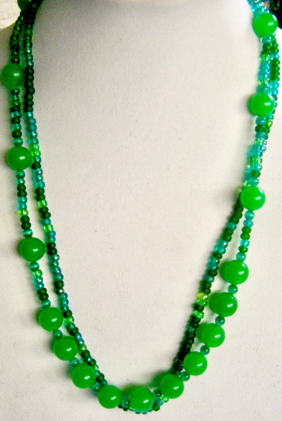 19 1/2″ Green Beaded Necklace Two Strands – One Uranium Glass, One Seed Beads