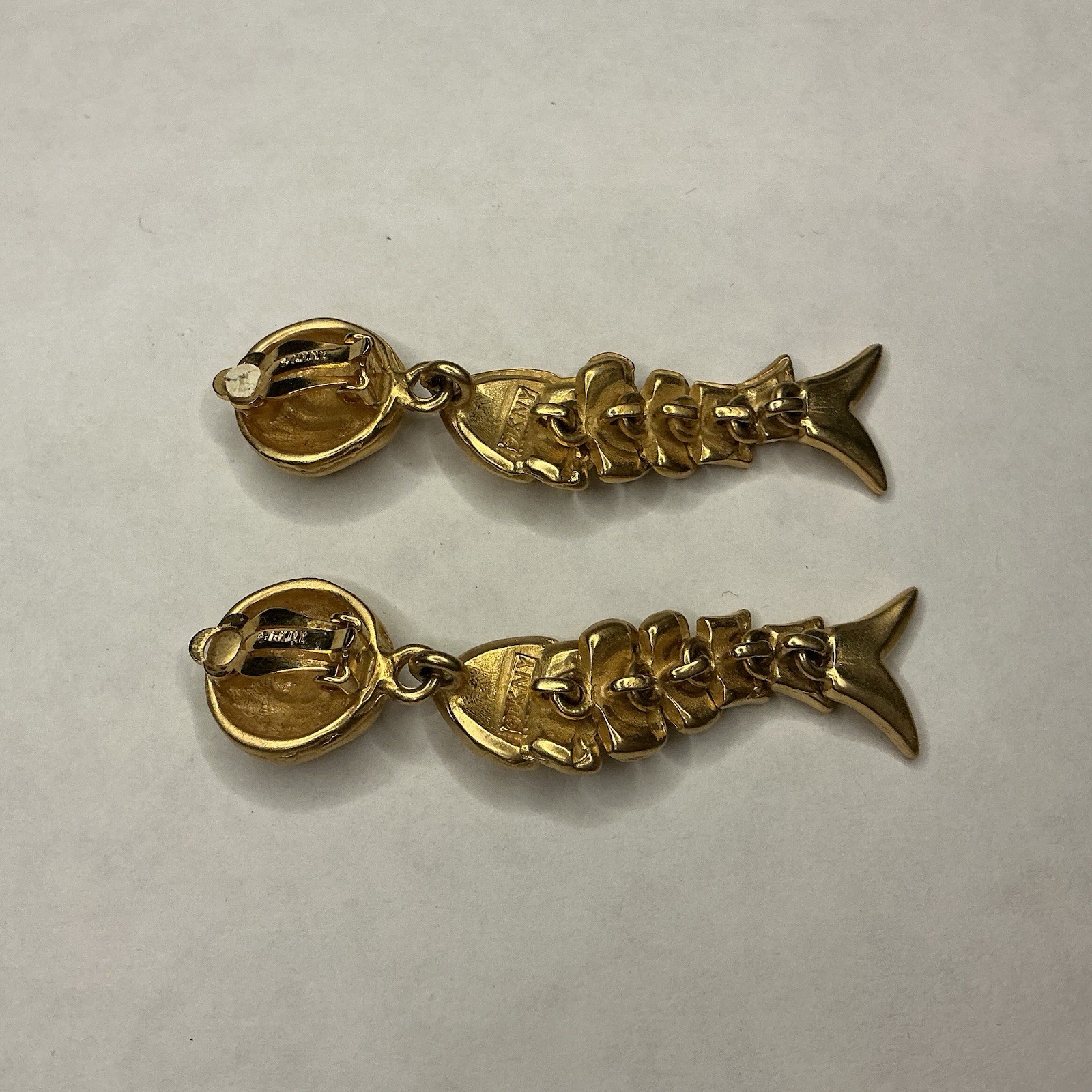 Vintage DKNY Donna Karan RARE Gold Plate Articulated Fish Clip On Earrings