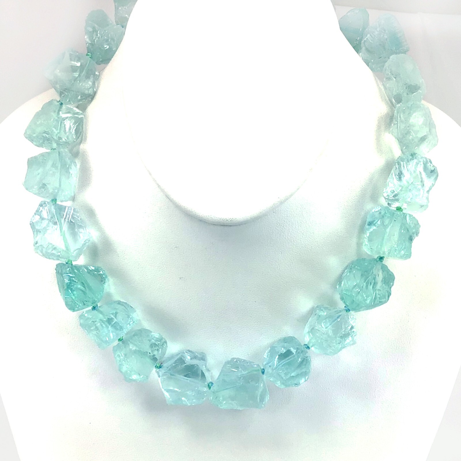 Blue Aqua Aquamarine Nugget Statement Necklace, March Birthstone, Silver 18″