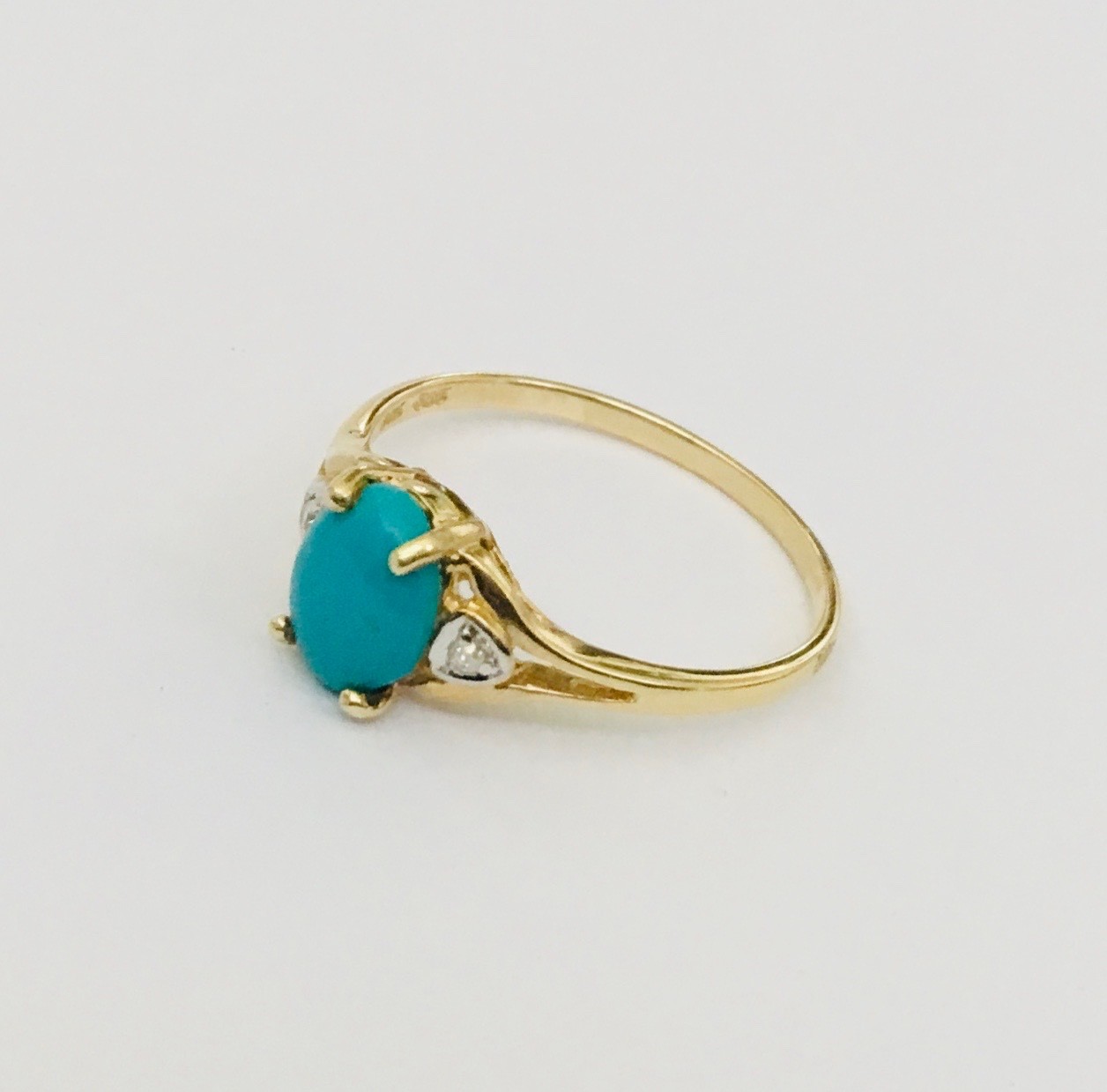 Dainty Natural Turquoise Gemstone & Diamonds In Solid 14K Gold Rings NEW