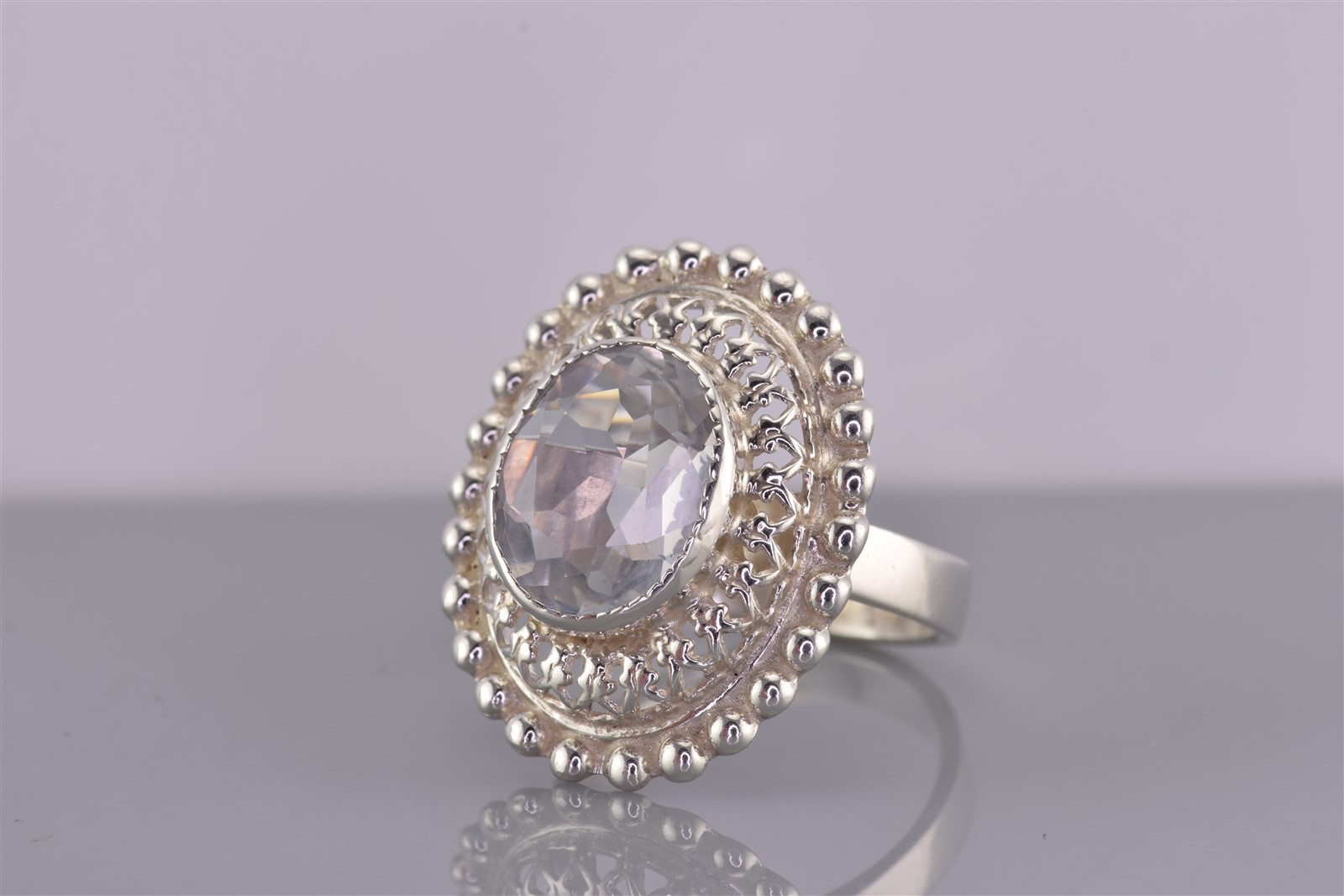 Sterling Silver Beaded Oval Raised White Topaz Statement Band Ring 925 Sz: 6