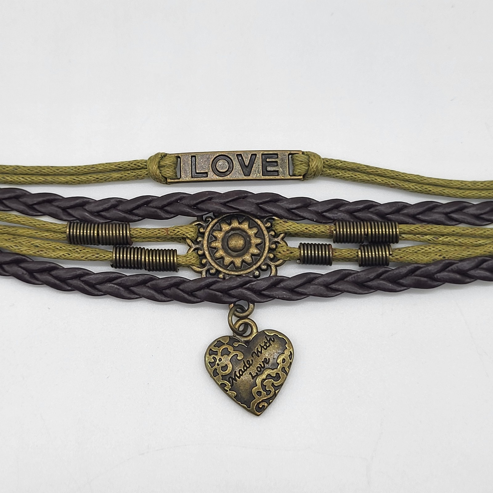 Multi Strand Dark Brown Braided Faux Leather Bracelet With 3 Love Charms