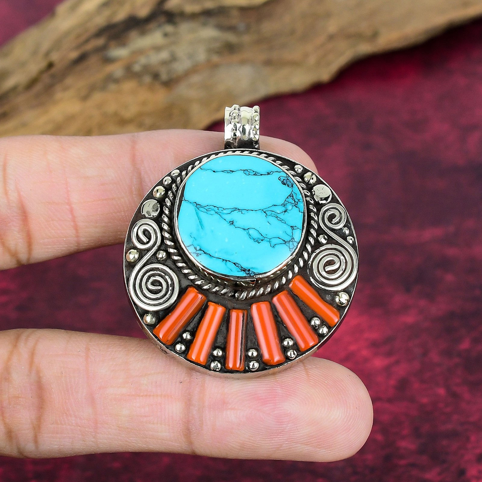 Turquoise, Coral Gemstone Handmade Jewelry 925 Sterling Silver Nepali Pendant