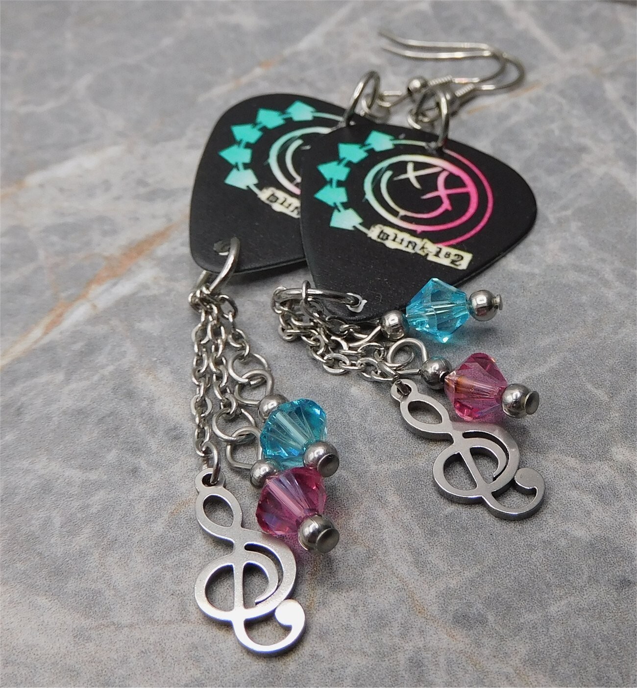 Blink 182 Self Titled Album Black Guitar Pick Earrings with Swarovski Dangles