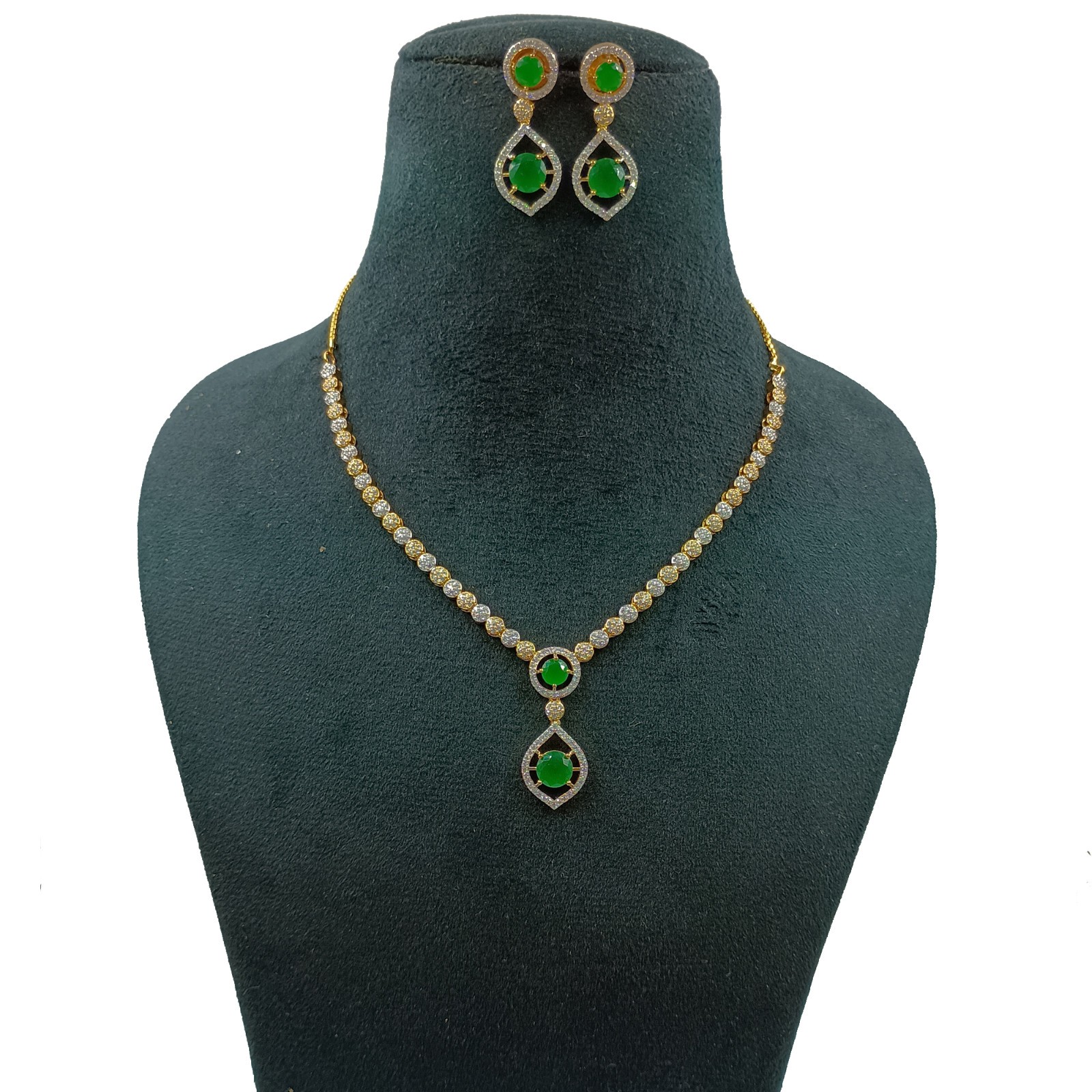 Gold Plated Round Stone Emerald Necklace Set South Indian Bridal Jewelry