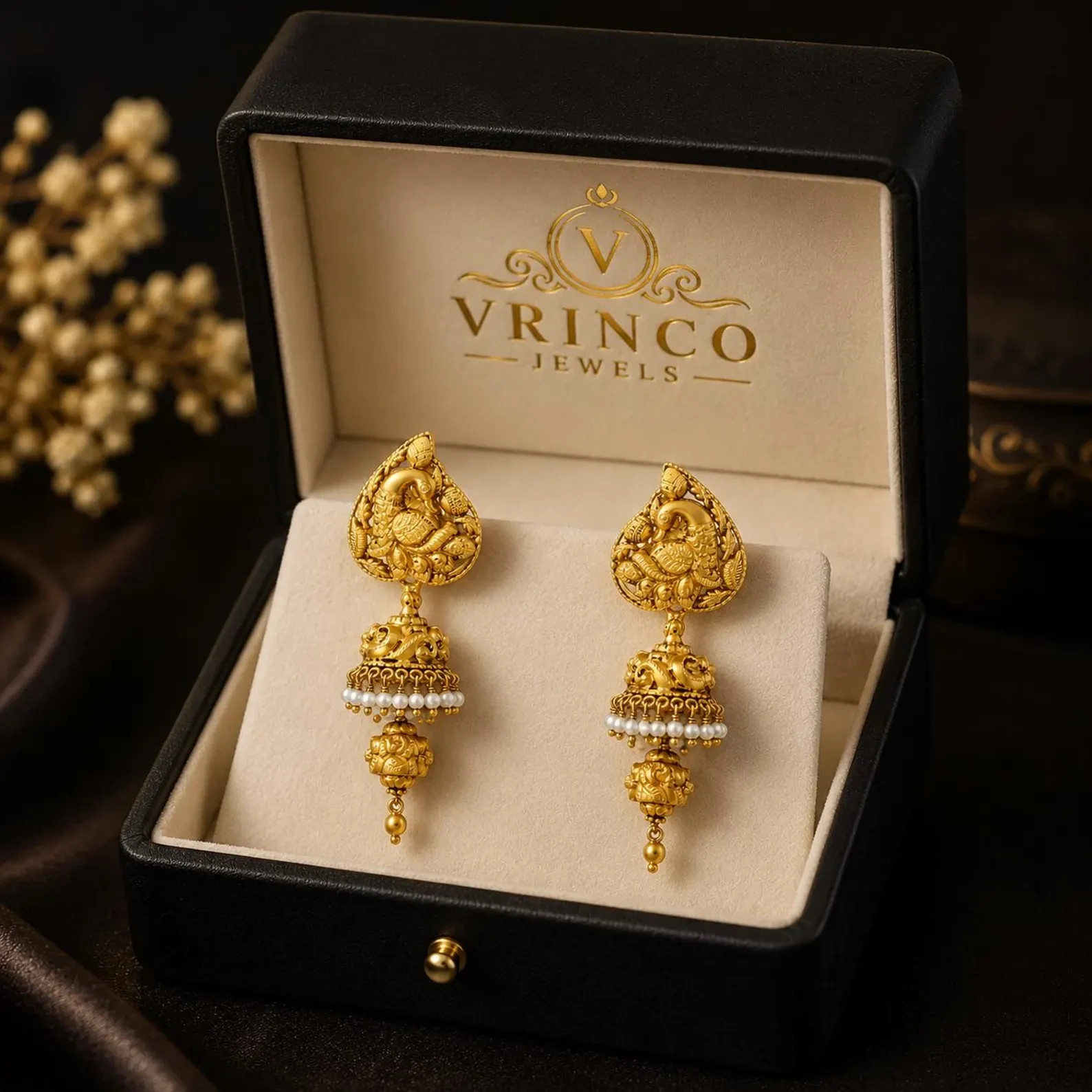 Kalapin 22KT Hallmarked Yellow Gold Long Jhumka Earrings Traditional Bridal Jewe