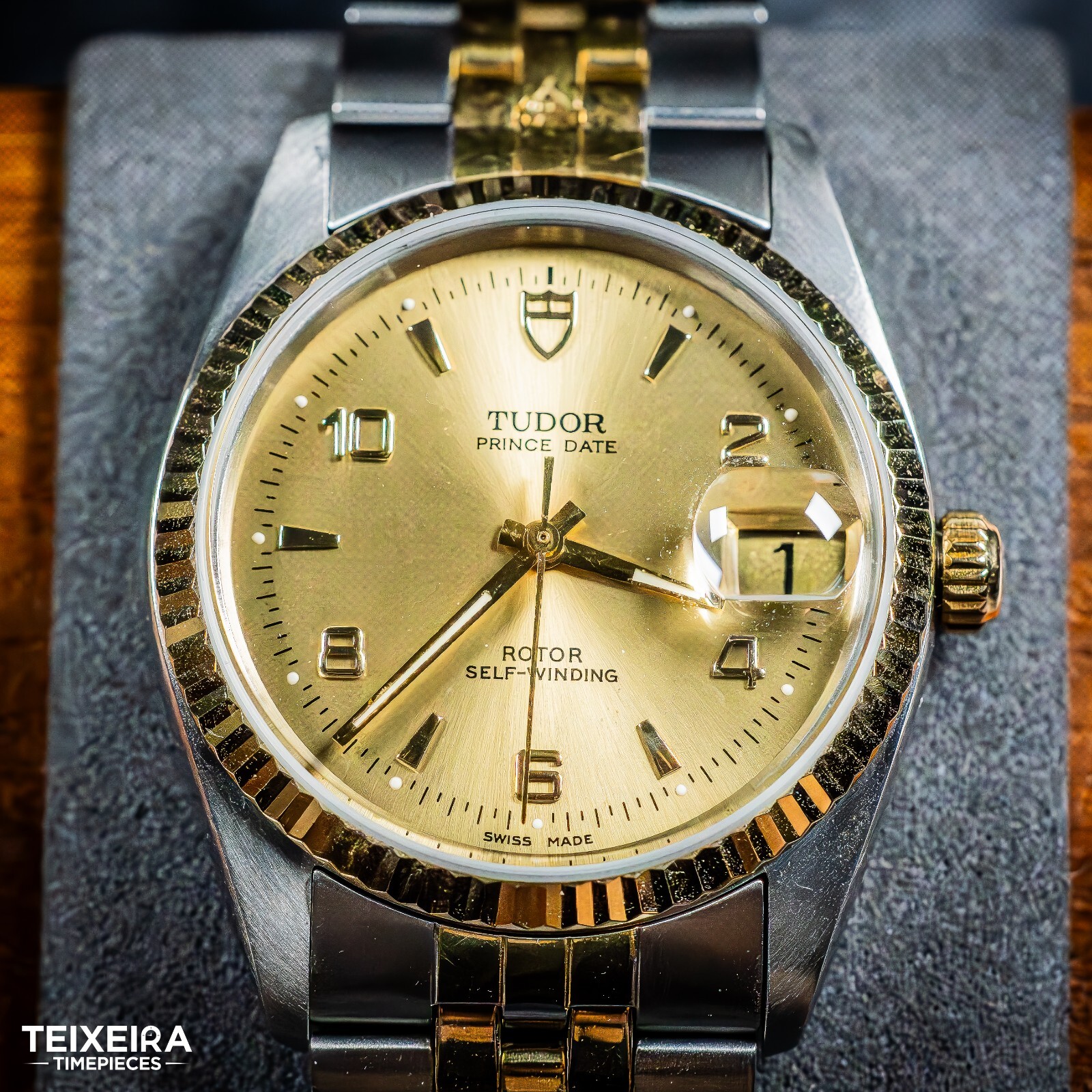 Tudor Prince Date 74033 Champagne 18k Fluted Bezel and Jubilee Bracelet 34mm