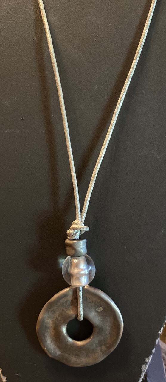 Metal Buckle Donut Shape Pendent On Band Necklace Long Ties At Neck