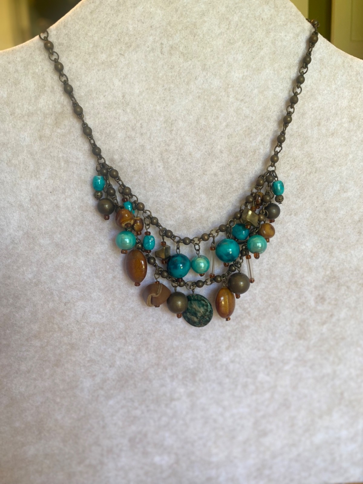Turquoise Tone Mixed Media Beads Necklace 18-21 inches