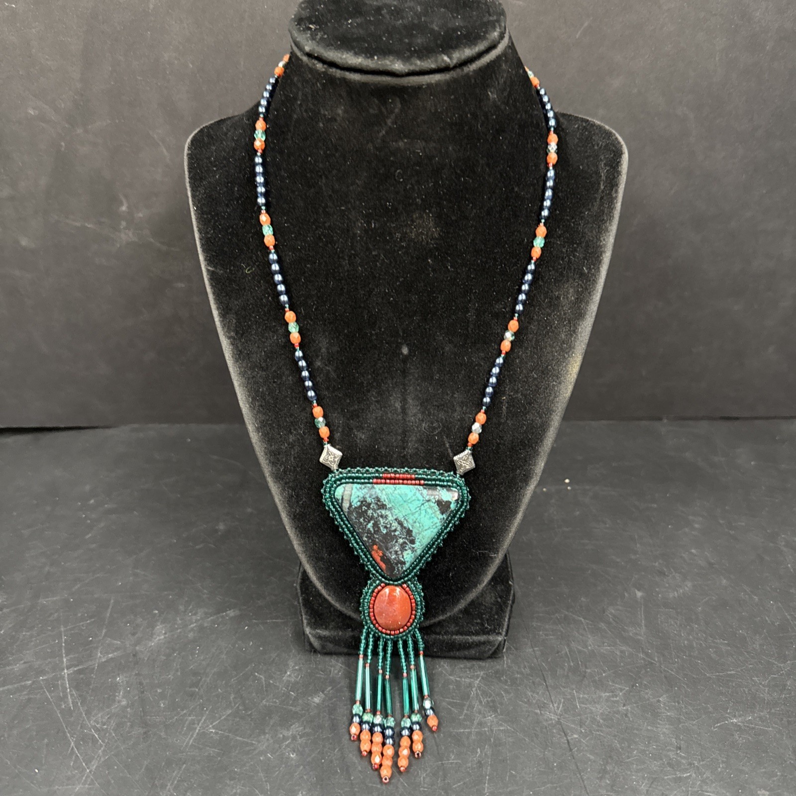 Native American Style Beaded Medallion Necklace Turquoise Dangle Bead Boho