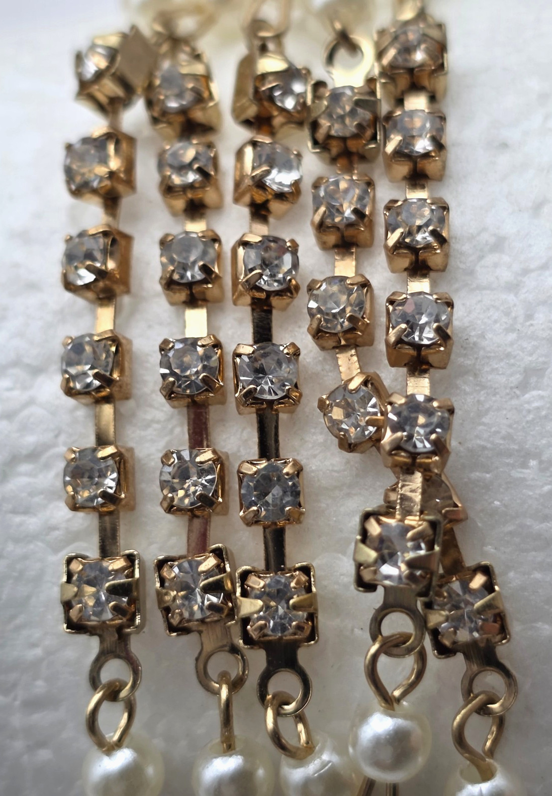 Gold Tone Clear Crystal White Faux Pearl 5 Strand Statement Bracelet 8-9.5 In