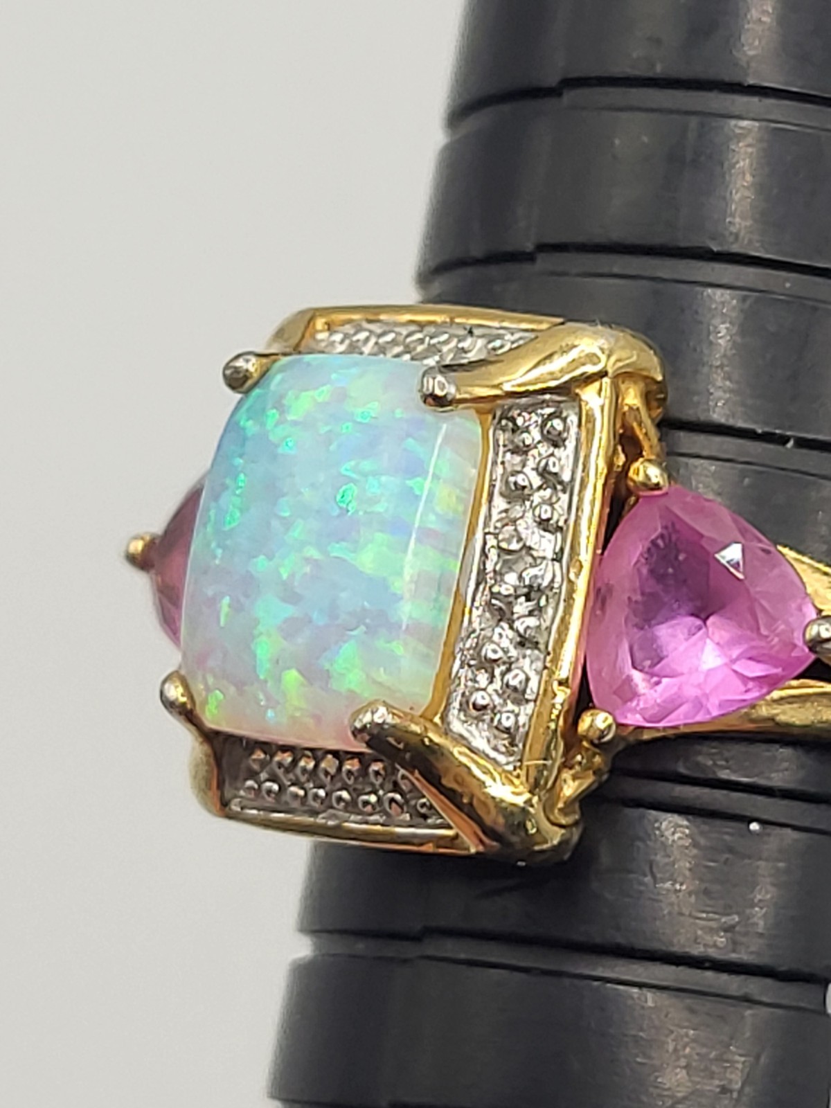 Fire Opal Pink Sapphire Lab Created Stones Sterling Vermeil Cocktail Halo Ring