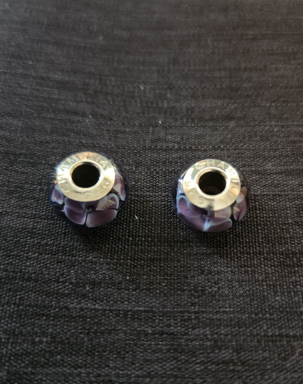 Lot of 2 – Chamilia Lavendar Petals Murano Glass & Sterling Bead OB-166 Charm