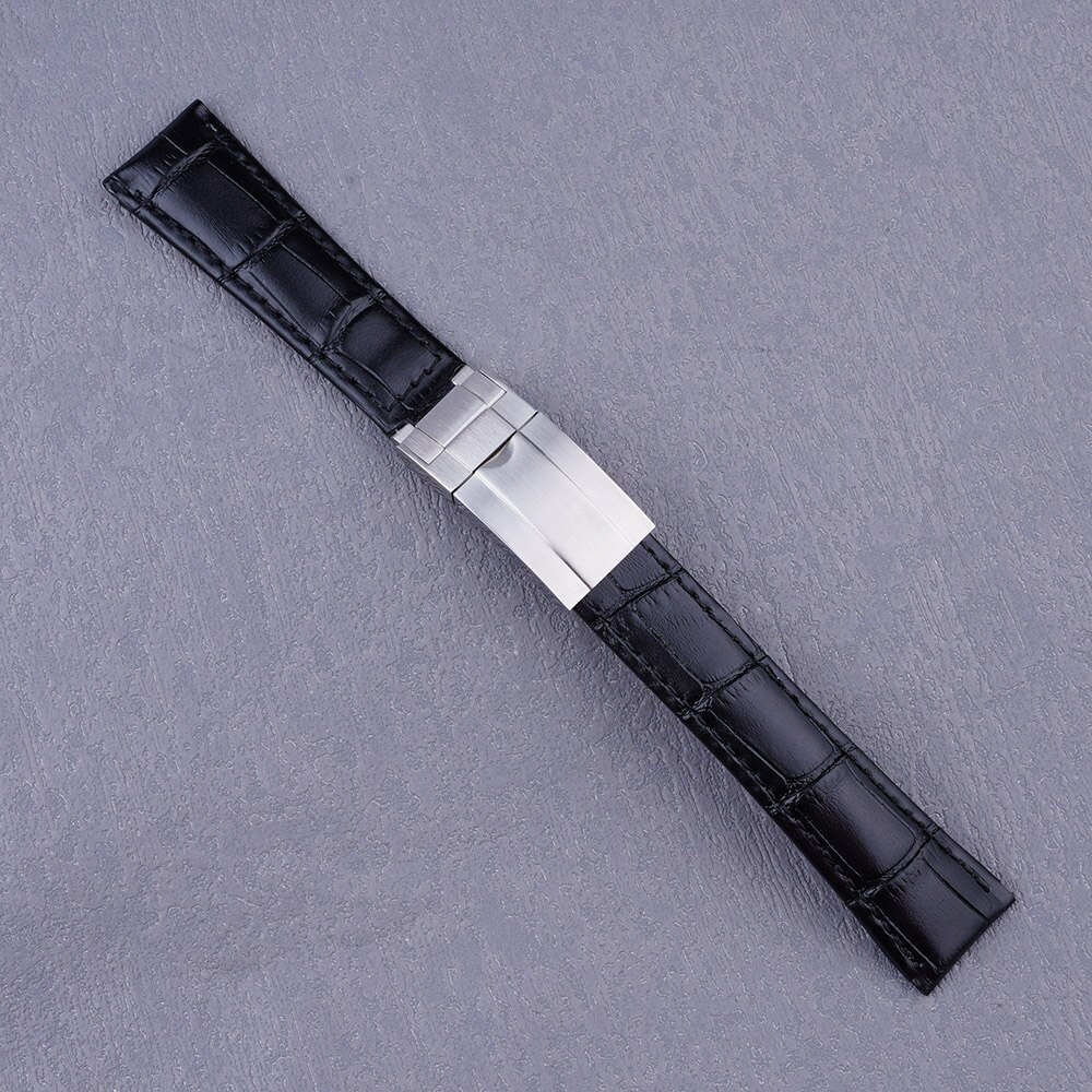 20mm Black Leather Strap Silver Brush OYSTER Clasp WatchBand For GMT Tudor Seiko