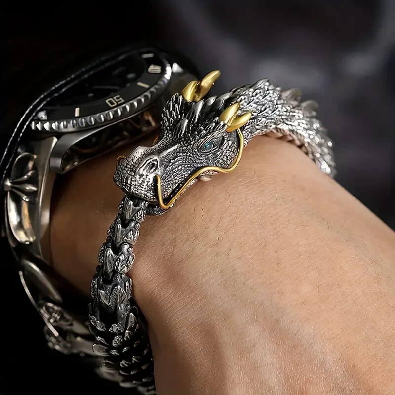 Men Vintage Dragon Viking Stainless Steel Scale Chain Wrist Cuff Bangle Bracelet