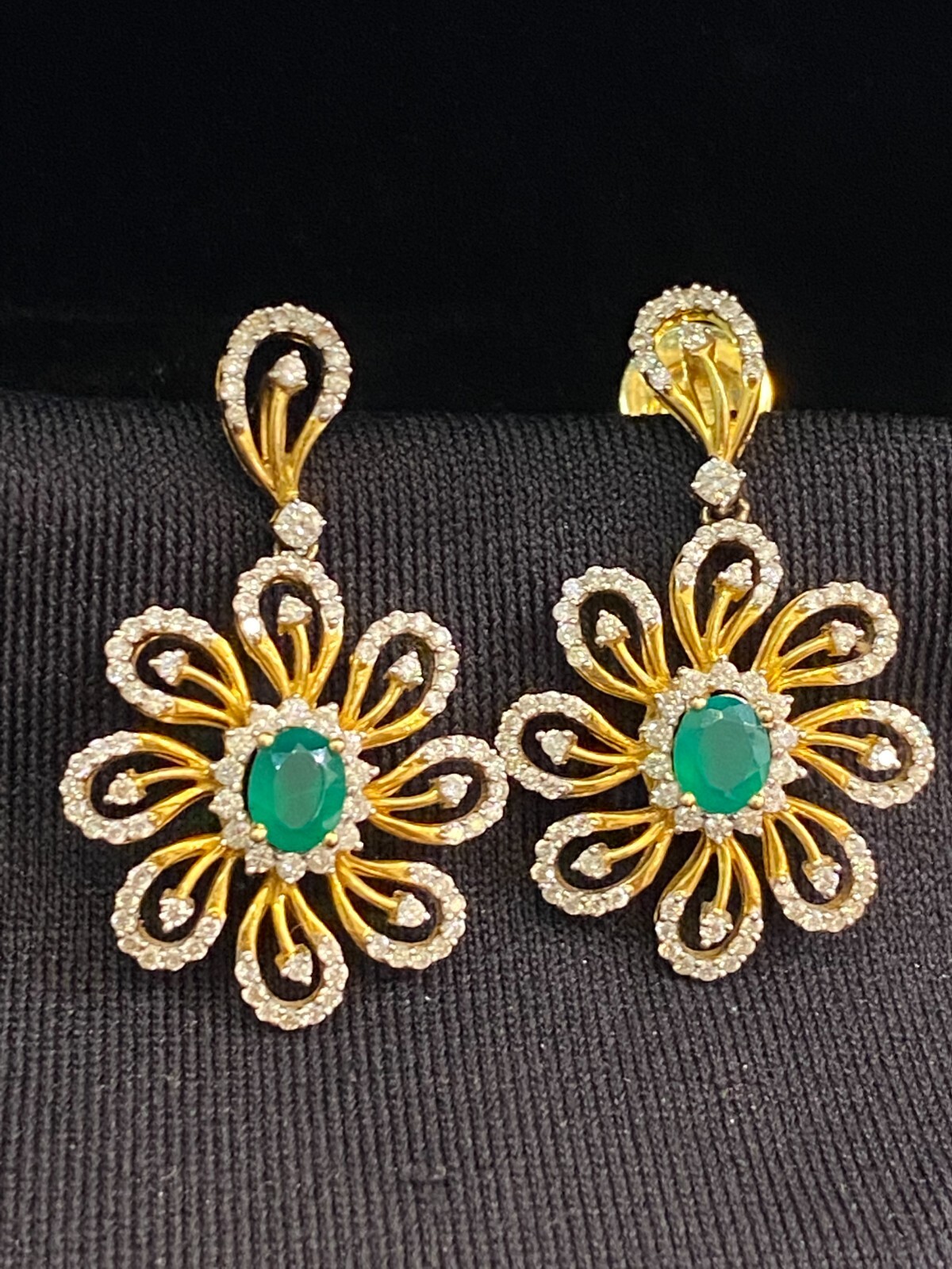Stunning 1.86 Cts Round Brilliant Cut Diamonds Emerald Dangle Earrings 14K Gold