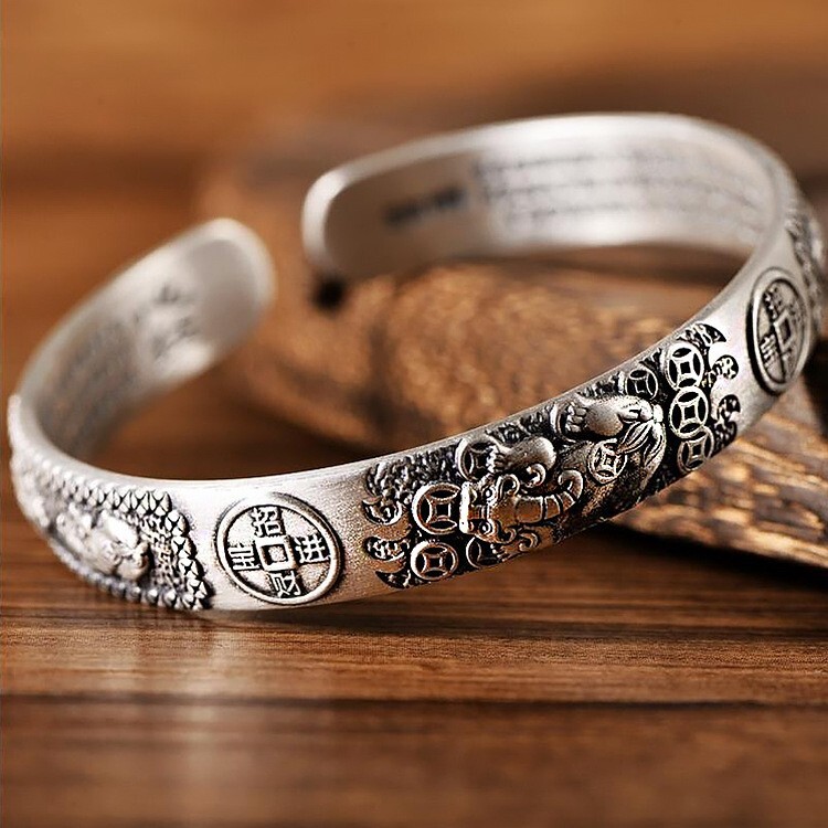Men Vintage Silver Pixiu Cuff Bracelet Adjustable Wrist Bangle Lucky Bracelet