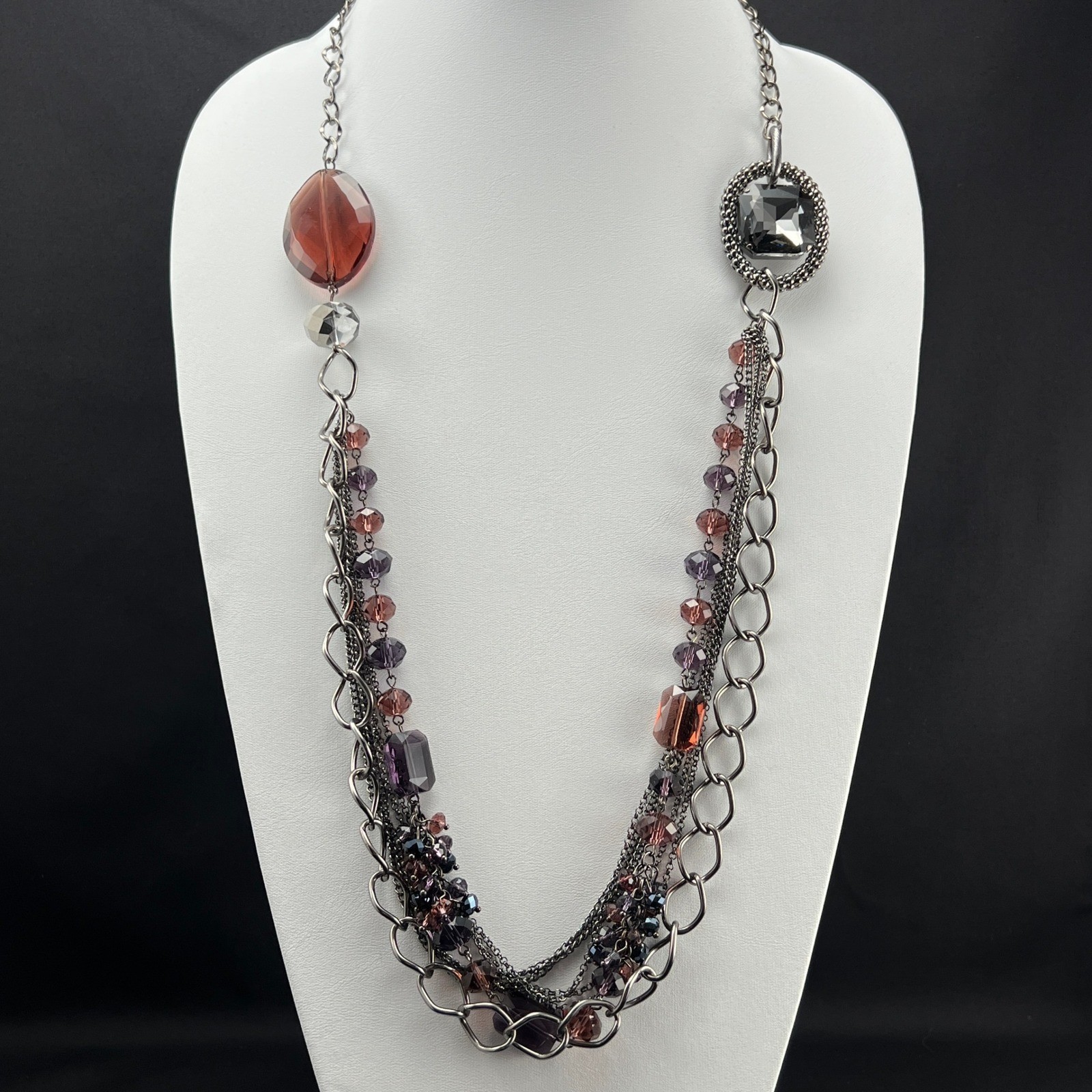 Long Layered Necklace Multi Strand Gunmetal Purple Grey Statement 34″